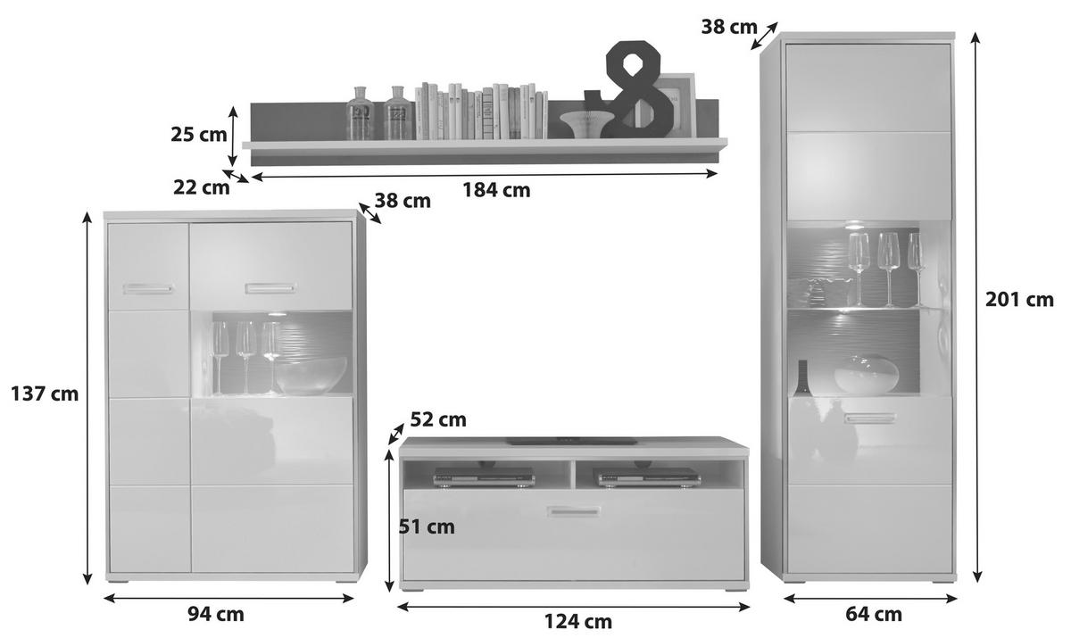 Wohnkombination 4-Tlg. Trento Grau/Silbern/Weiß - Weiß Hochglanz/Silberfarben, Design, Glas/Holzwerkstoff (301/201/52cm) - Livetastic