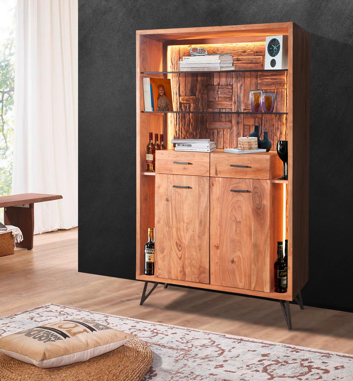 Vitrine Indira Akazie Massiv, B: 115 cm - Schwarz/Akaziefarben, ROMANTIK / LANDHAUS, Glas/Holz (115/195/40cm)