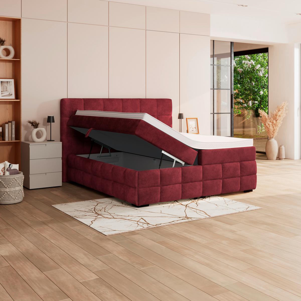 Čalouněná postel VEGA 180x200 cm, vínově červená - černá/vínově červená, Trend, dřevo/textil (180/200cm)