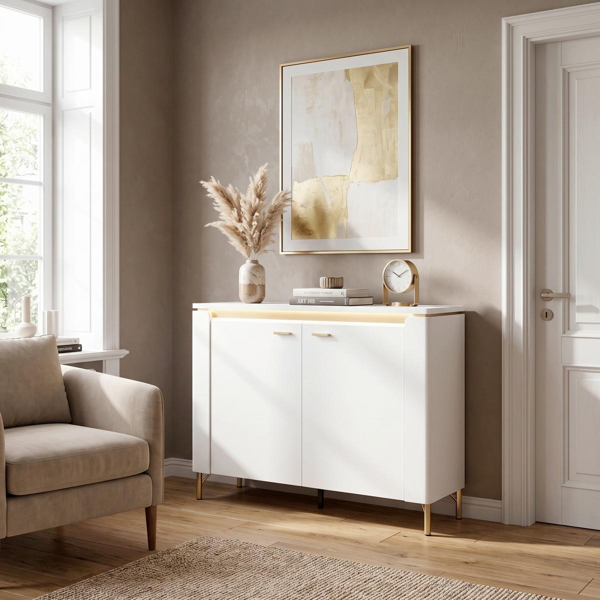Sideboard Lazio Weiß B: 110,4 cm - Weiß Hochglanz/Goldfarben, Trend, Holzwerkstoff (110,4/87,3/40cm)