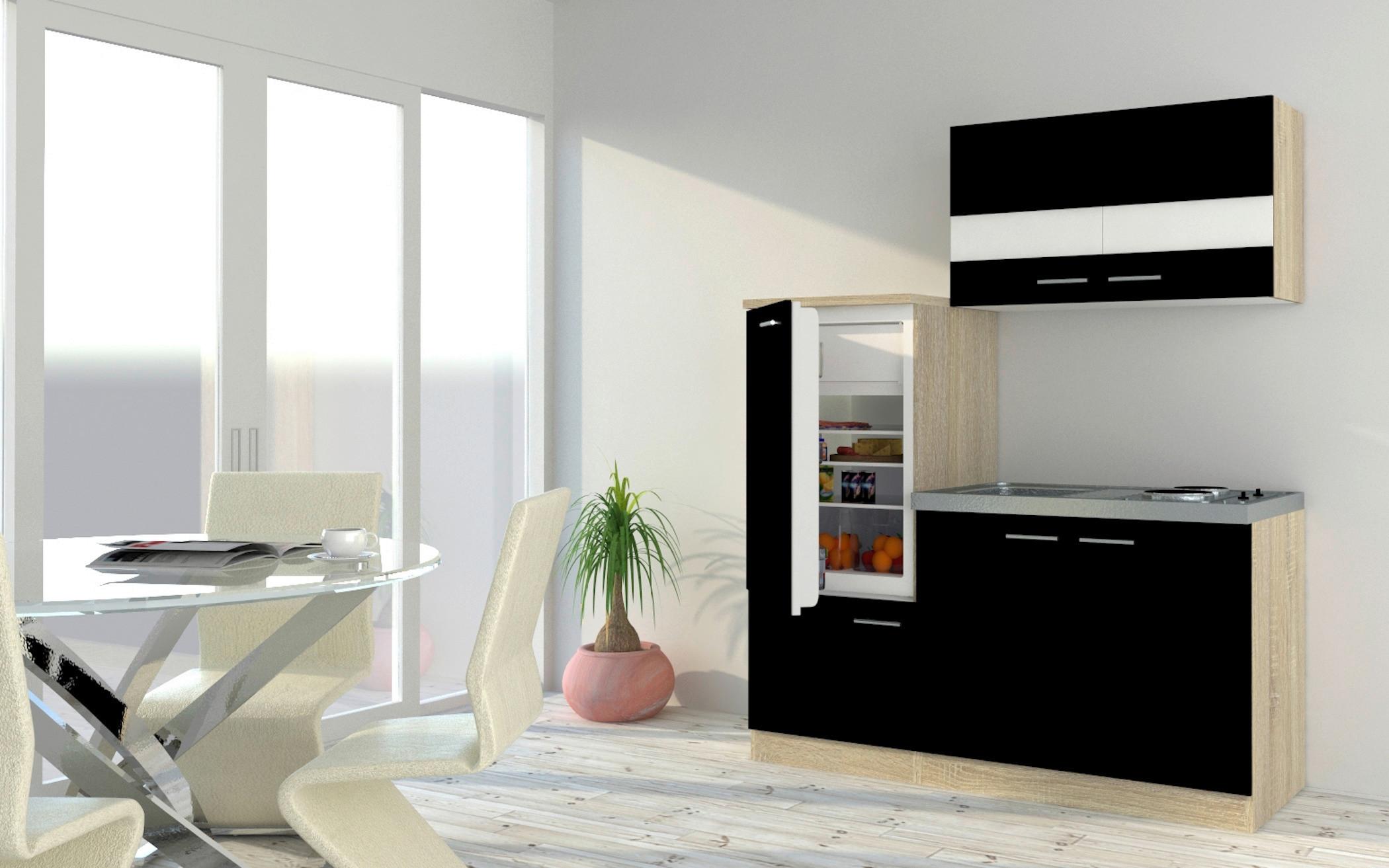 Küchenzeile Economy mit Geräten 160 cm Schwarz/Eiche Modern - Edelstahlfarben/Eichefarben, Basics, Holzwerkstoff/Metall (160cm) - Respekta