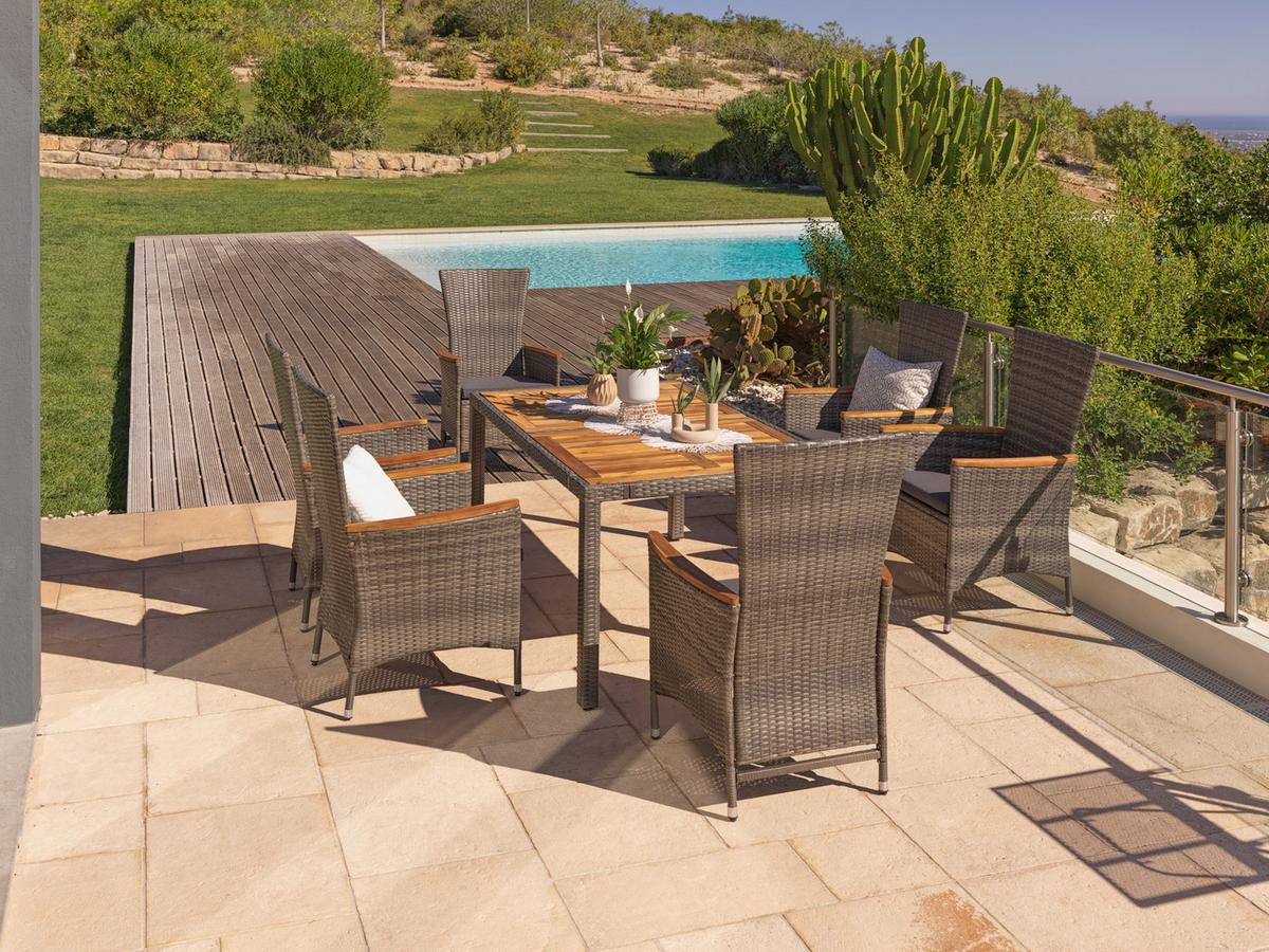 Gartengarnitur Korfu 7-teilig Aus Poly-Rattan Mit Kissen - Grau, MODERN, Holz/Kunststoff (150/90/75cm) - Luca Bessoni