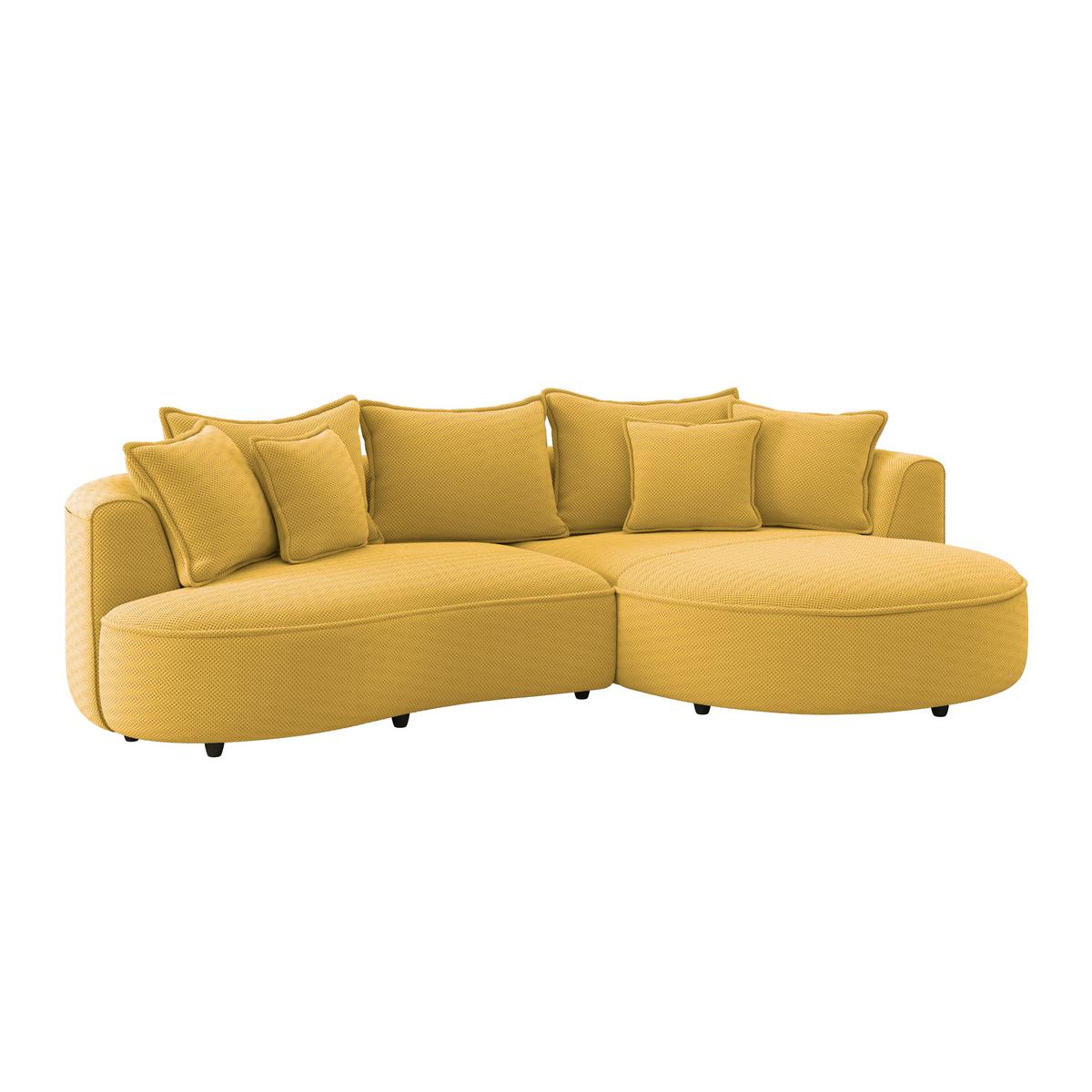 Rohová sedačka LEVI, pravá horčicovožltá, so 7 vankúšmi - čierna/horčicovožltá, Modern, textil/plast (287/168cm)