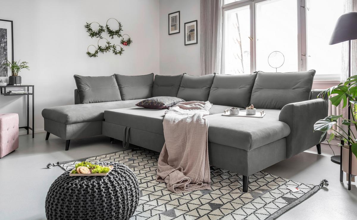 Wohnlandschaft mit Schlaffunktion Stylish Stan - Hellgrau/Schwarz, Basics, Textil (200/300/150cm) - MID.YOU