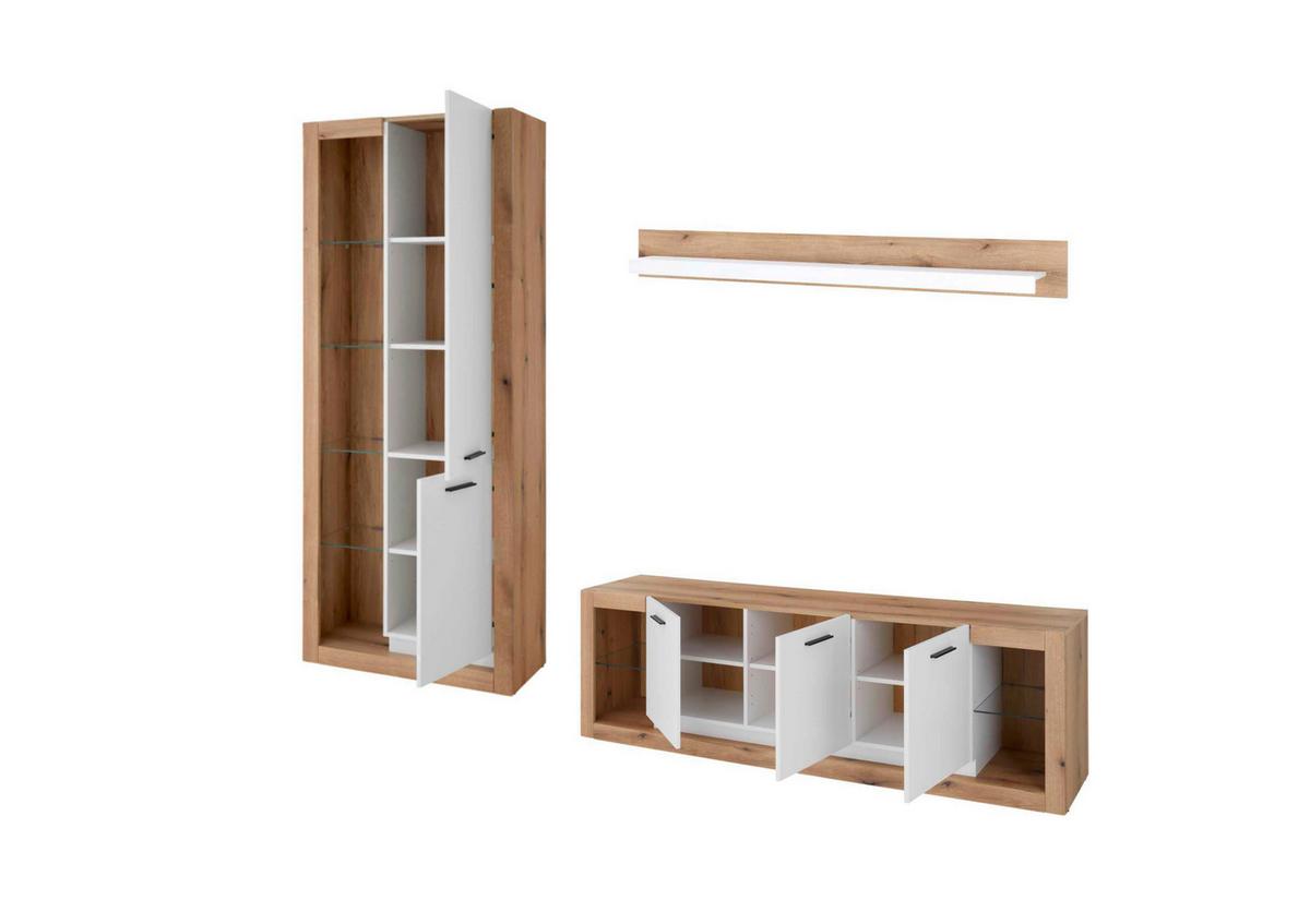 Wohnwand Brixen Weiß/Eichefarben B: 298cm - Eichefarben/Weiß, Design, Glas/Holzwerkstoff (298/195/43cm) - MID.YOU