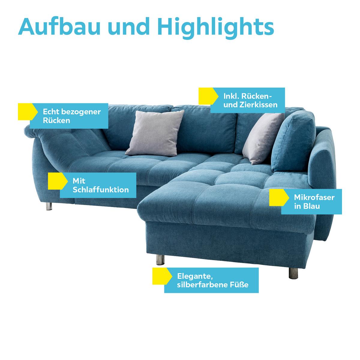Ecksofa Mit Schlaffunktion Agira Blau 250x190cm - Blau/Chromfarben, Design, Textil (250/190cm) - Livetastic