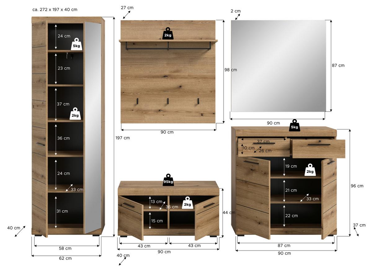 Garderobe Scout 5-teilig Eiche Dunkel B: 272 Cm - Eiche dunkel, Design, Holzwerkstoff (272/197/40cm) - Livetastic
