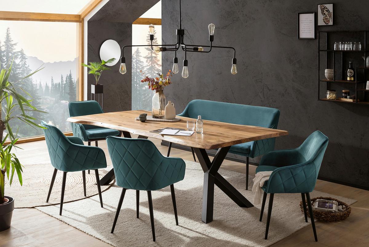 Tischgruppe Akazie Massiv/Waldgrün 6--Teilig. - Waldgrün/Naturfarben, MODERN, Holz/Textil (220/110/76,5cm) - Livetastic