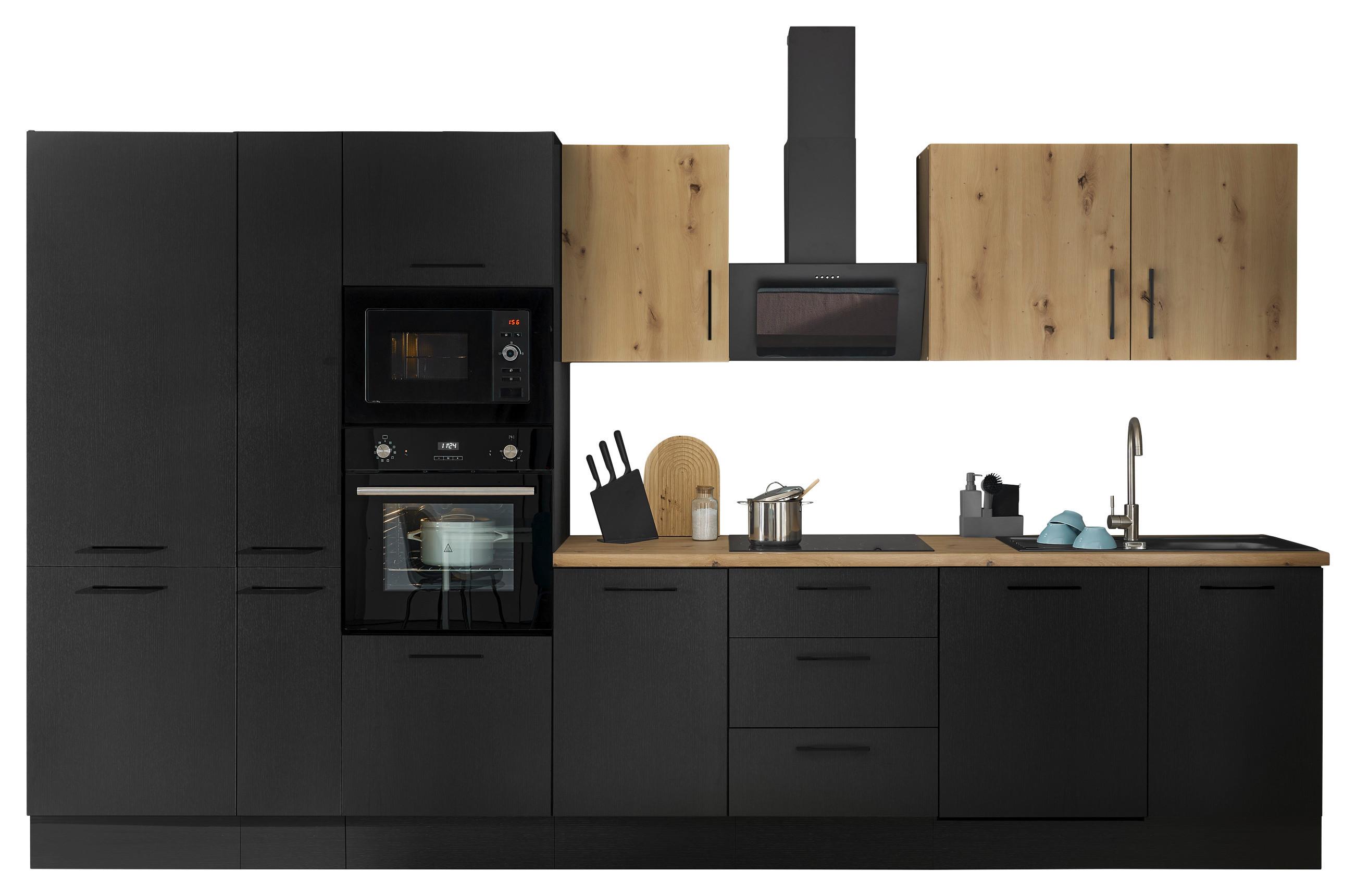 Küchenblock Turin Schwarz/Eiche Dekor B: 370 cm - Schwarz/Eiche Artisan, Basics, Holzwerkstoff (370cm) - MID.YOU