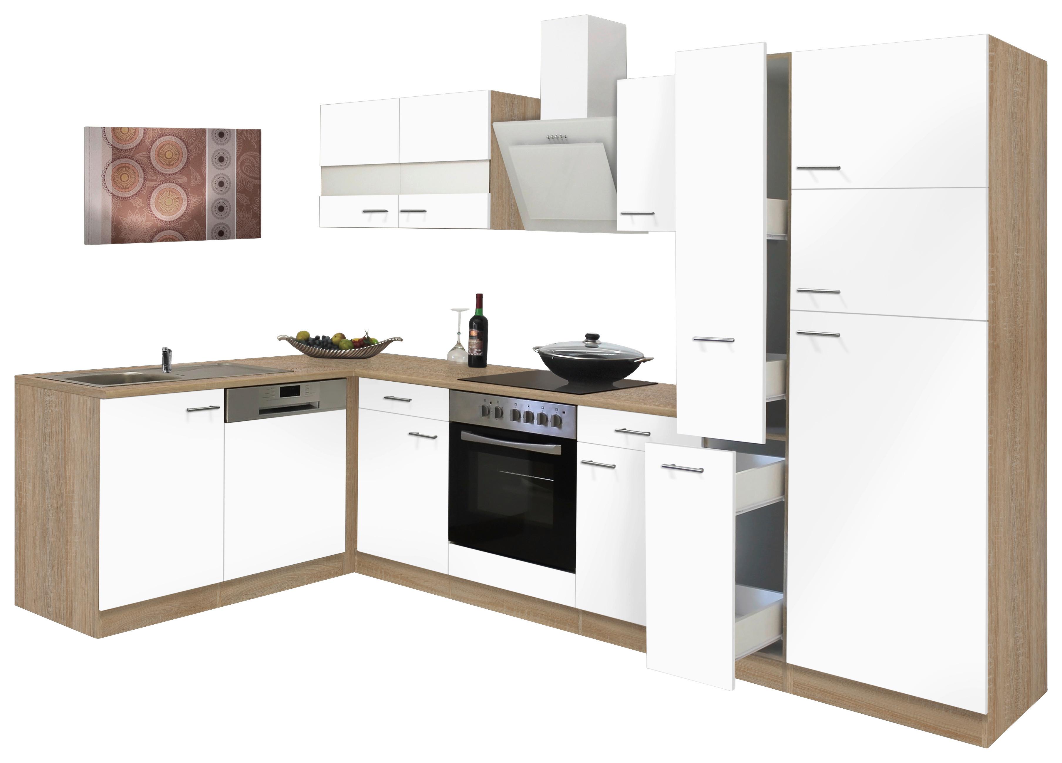 Eckküche Economy mit Geräten 172 cm Weiß/Eichefarben - Eichefarben/Weiß, Basics, Glas/Holzwerkstoff (172/310cm) - Respekta