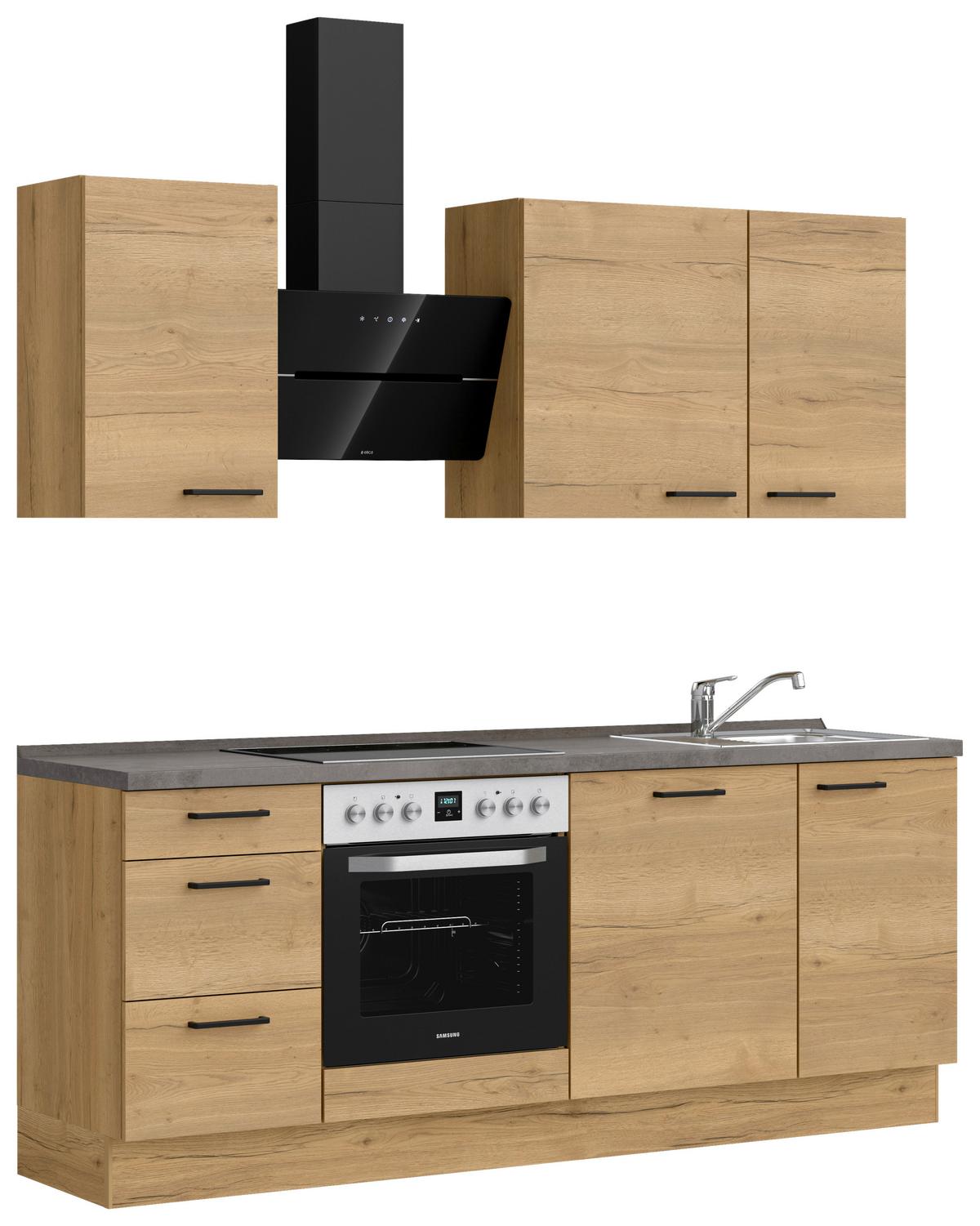 Kuchynská linka 210 cm, dub Sierra - čierna/farba duba, Modern, kov/kompozitné drevo (210cm) - Nobilia