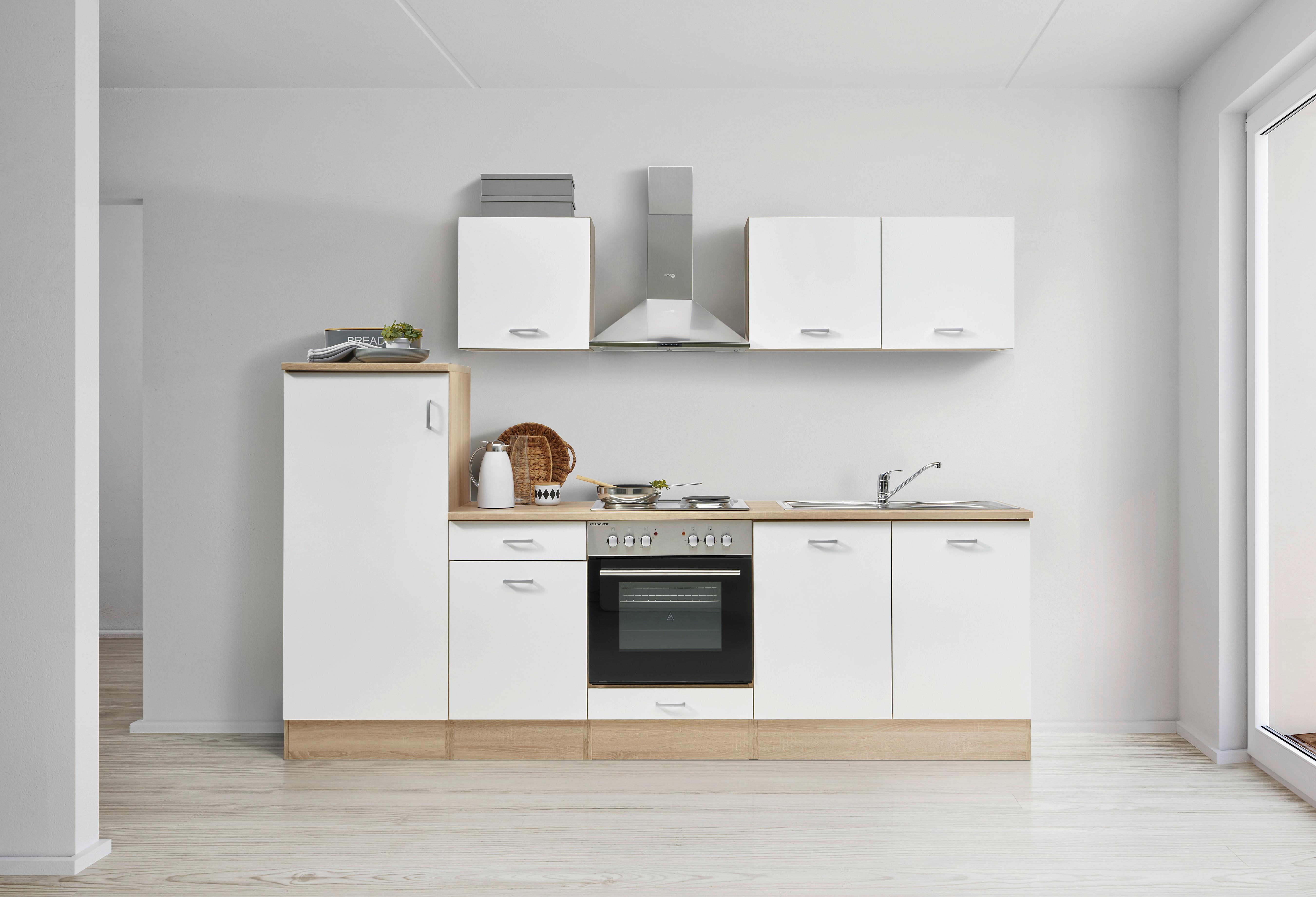 Küchenzeile Economy mit Geräten 270 cm Weiß/Eiche Dekor Modern - Eichefarben/Weiß, Basics, Holzwerkstoff (270cm) - Respekta