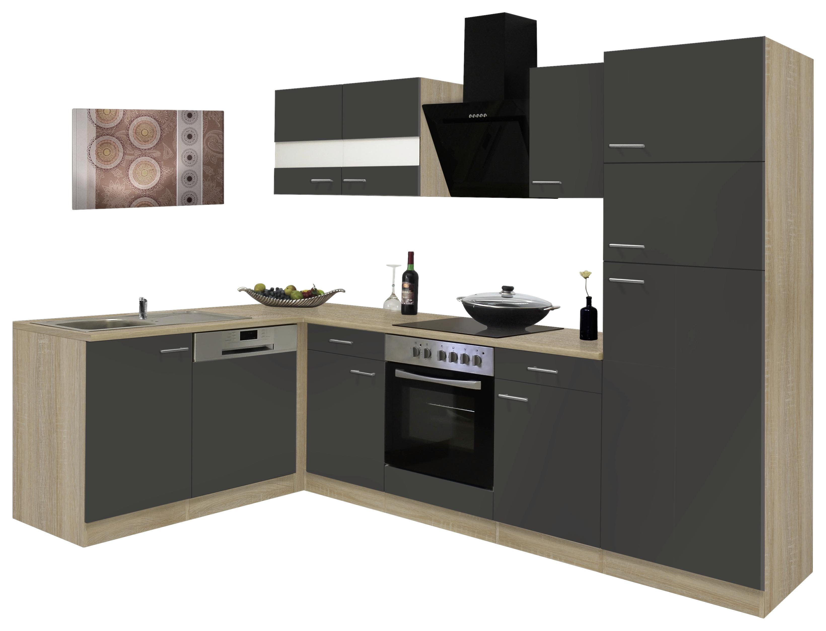 Eckküche Economy mit Geräten 172x280 cm Grau/Eiche Dekor - Eichefarben/Grau, Basics, Glas/Holzwerkstoff (172/280cm) - Respekta