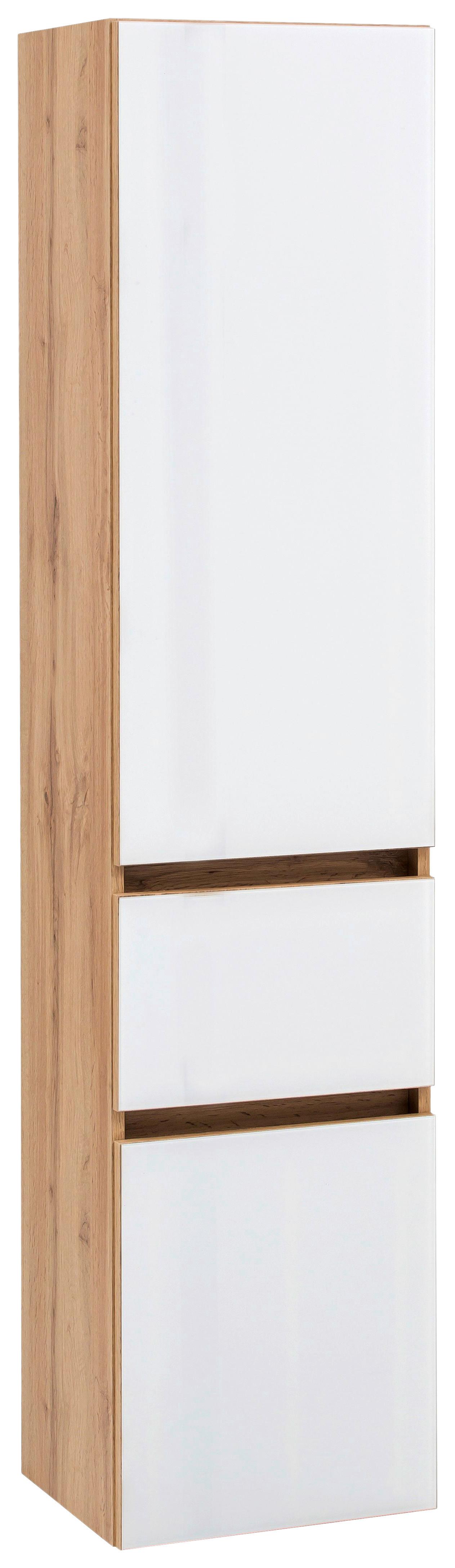 Hochschrank grifflos Helsinki 40cm Weiß/Eiche Dekor - Eichefarben/Silberfarben, KONVENTIONELL, Glas/Holzwerkstoff (40/180/35cm) - Held