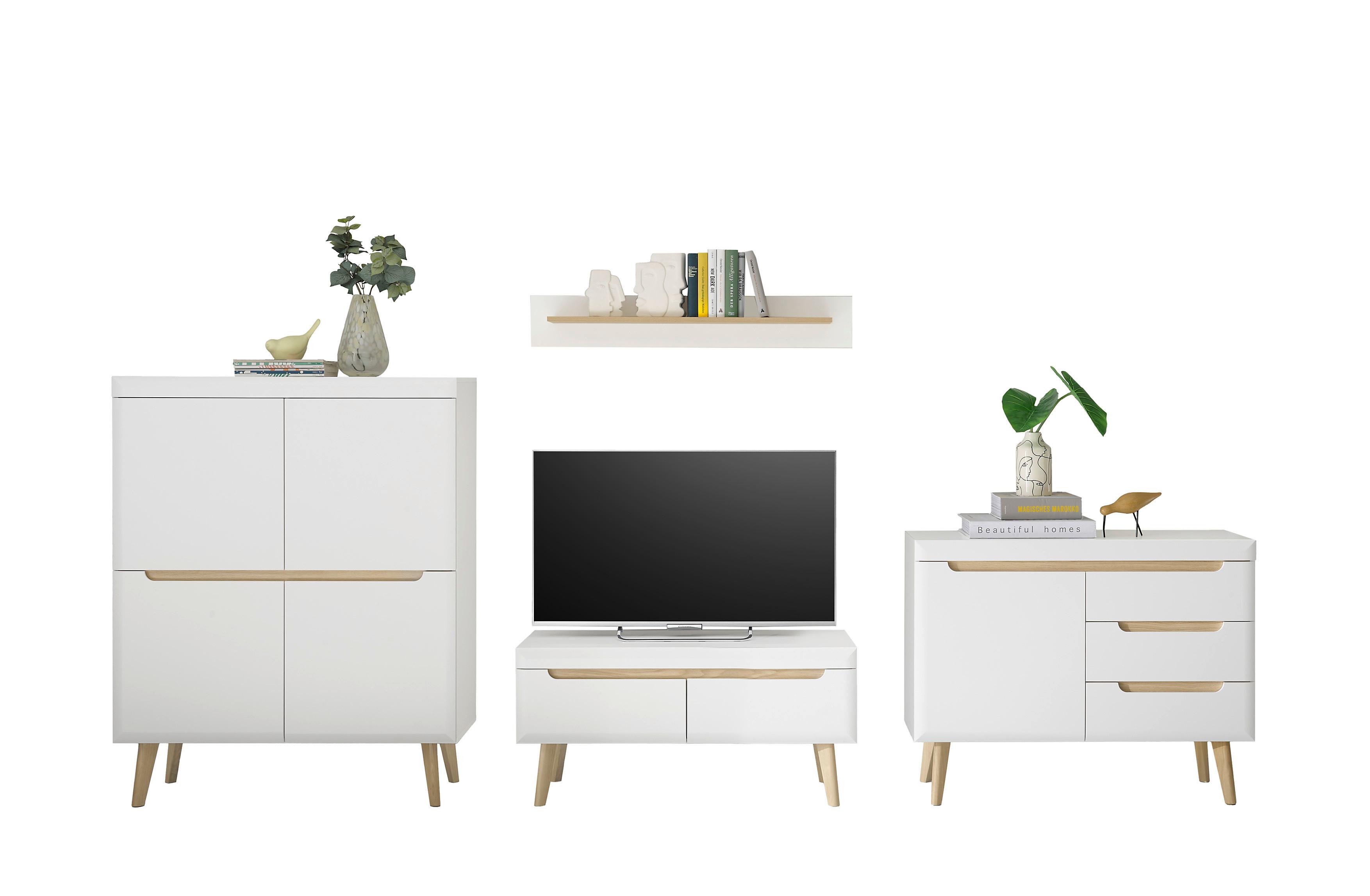 Wohnwand Svante Torge Weiß/Eichefarben B: 361cm - Eichefarben/Weiß, Design, Glas/Holzwerkstoff (361/170/40cm) - MID.YOU
