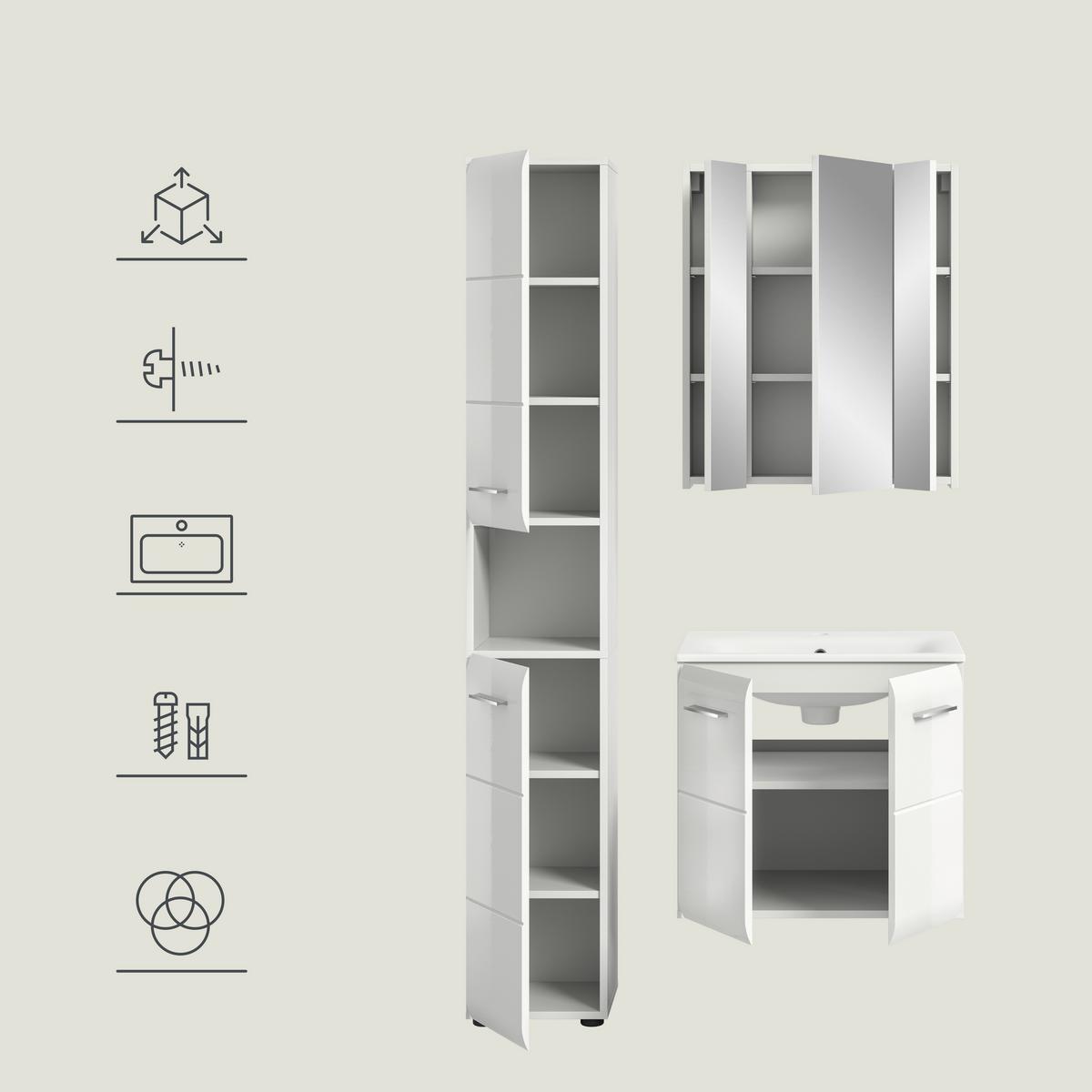 Badezimmer Ice Weiß/weiß Hg 3--Teilig - Weiß Hochglanz/Schwarz, MODERN, Keramik/Holzwerkstoff (90/185/46cm) - MID.YOU