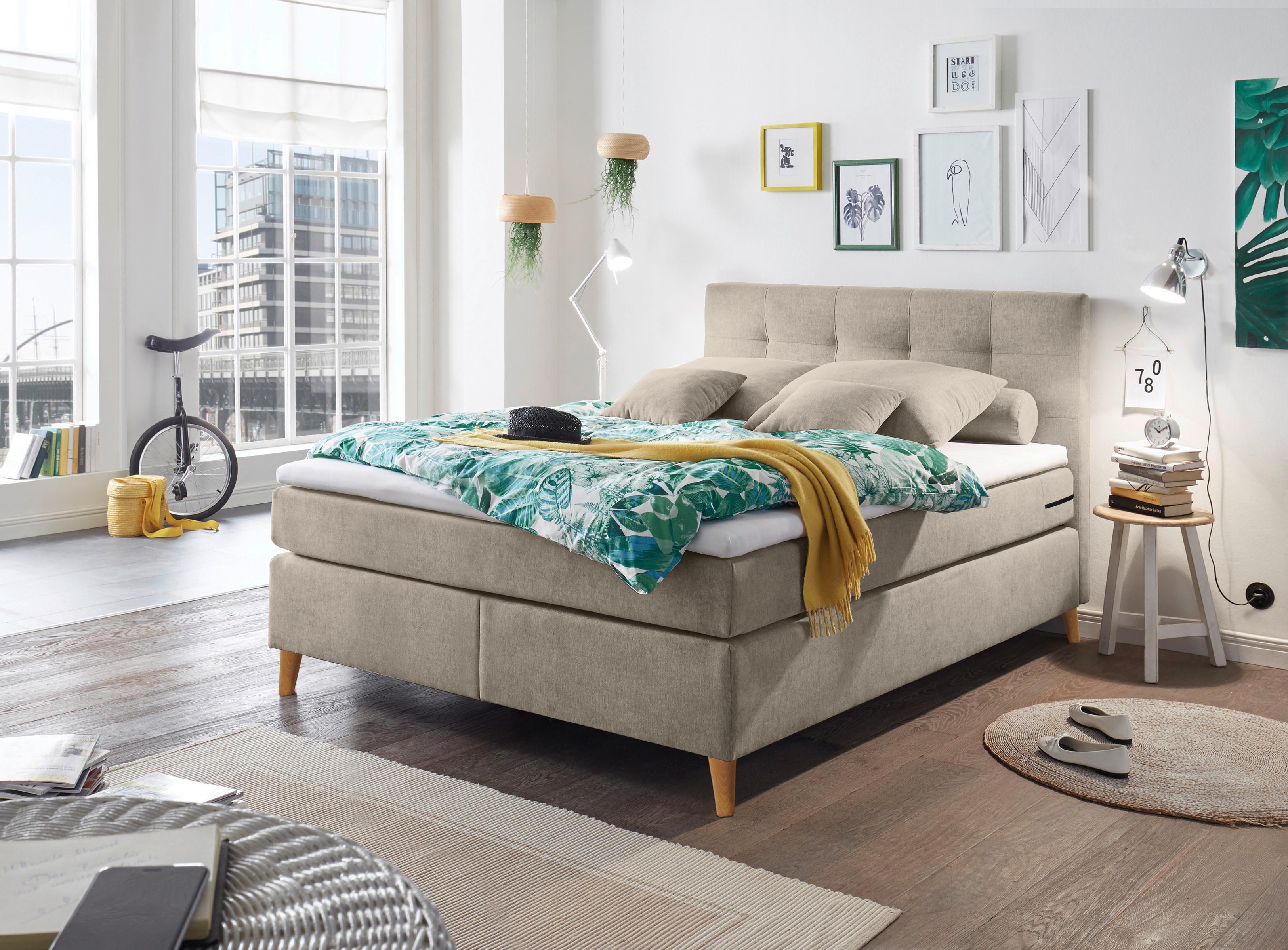 Boxspringbett Mit Topper 140x200cm Missouri, Sandfarben - Sandfarben/Kieferfarben, KONVENTIONELL, Holzwerkstoff/Textil (140/200cm) - MID.YOU