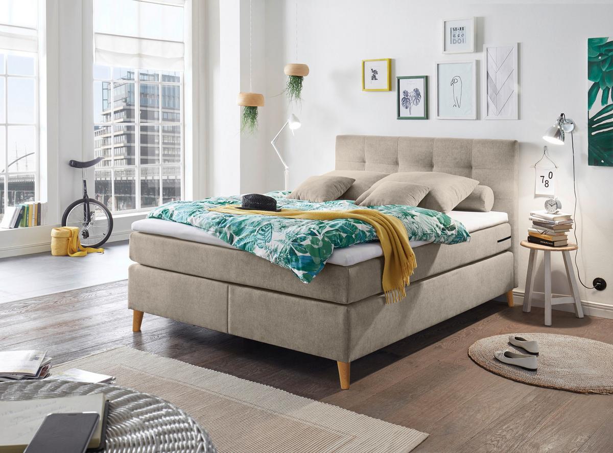 Boxspringbett Mit Topper 140x200cm Missouri, Sandfarben - Sandfarben/Kieferfarben, KONVENTIONELL, Holzwerkstoff/Textil (140/200cm) - MID.YOU