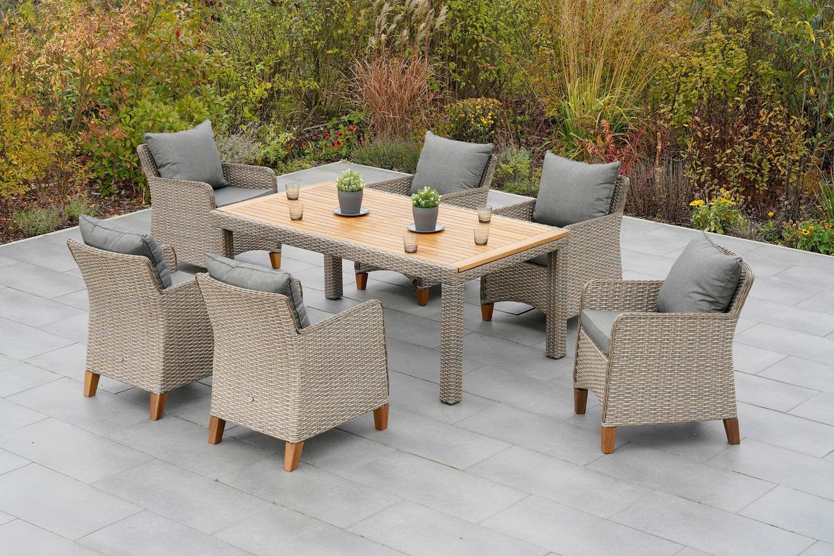 Gartentischgruppe Avellino 7--Teilig. Aus Akazie - Beige/Beigebraun, KONVENTIONELL, Holz/Kunststoff - Gardenson