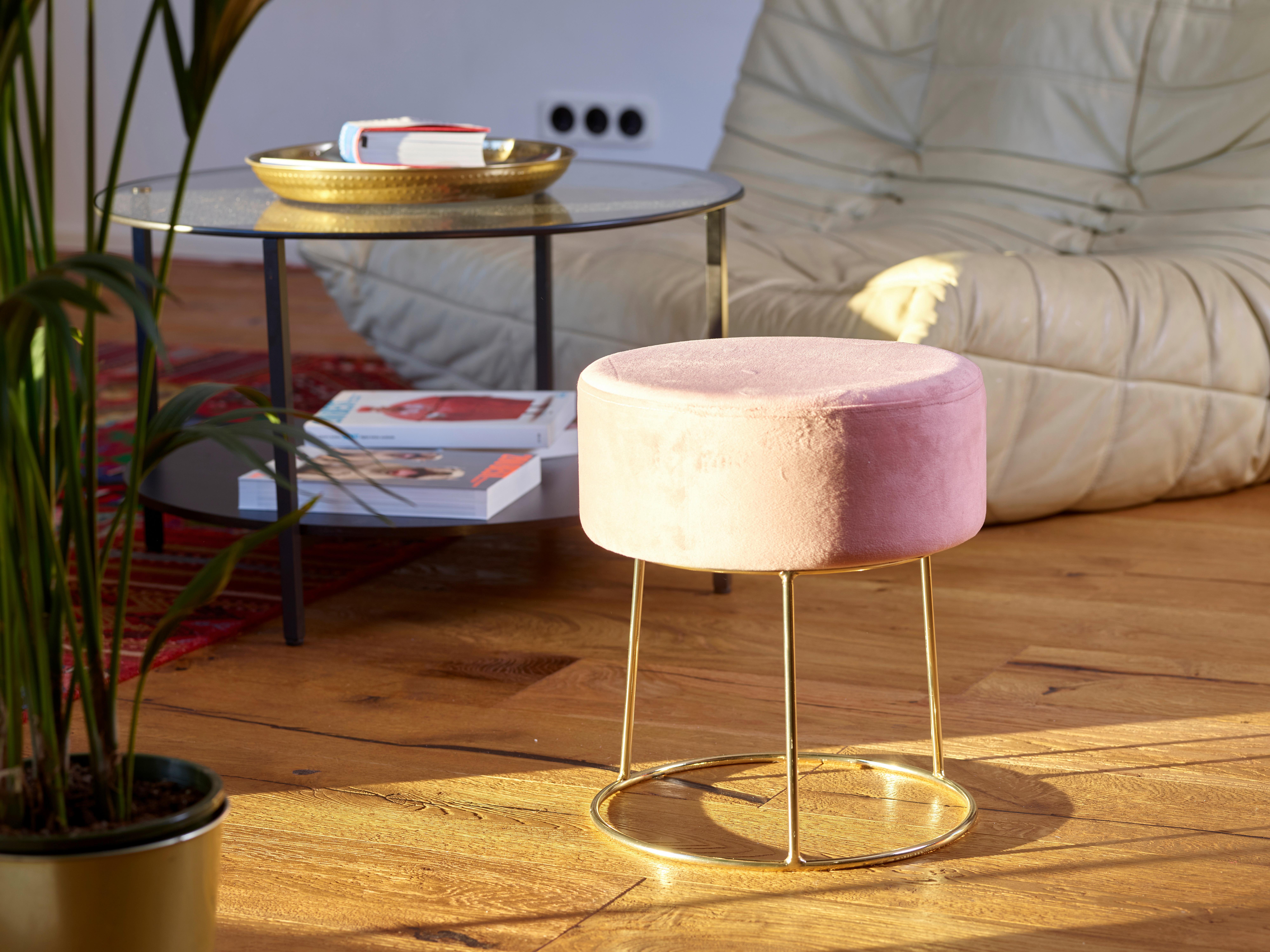 Rosafarbener Hocker mit Samtbezug und goldfarbenem Gestell