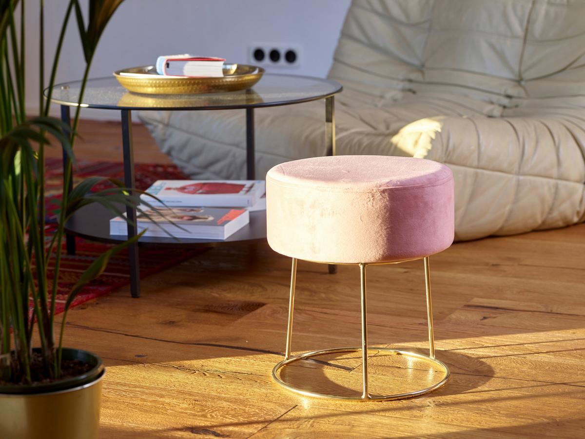 Hocker Marilyn Samt Rosa Sitz Gepolstert H: 40,5 cm - Goldfarben/Rosa, Design, Textil (35,5/40,5/35,5cm) - Echtwerk