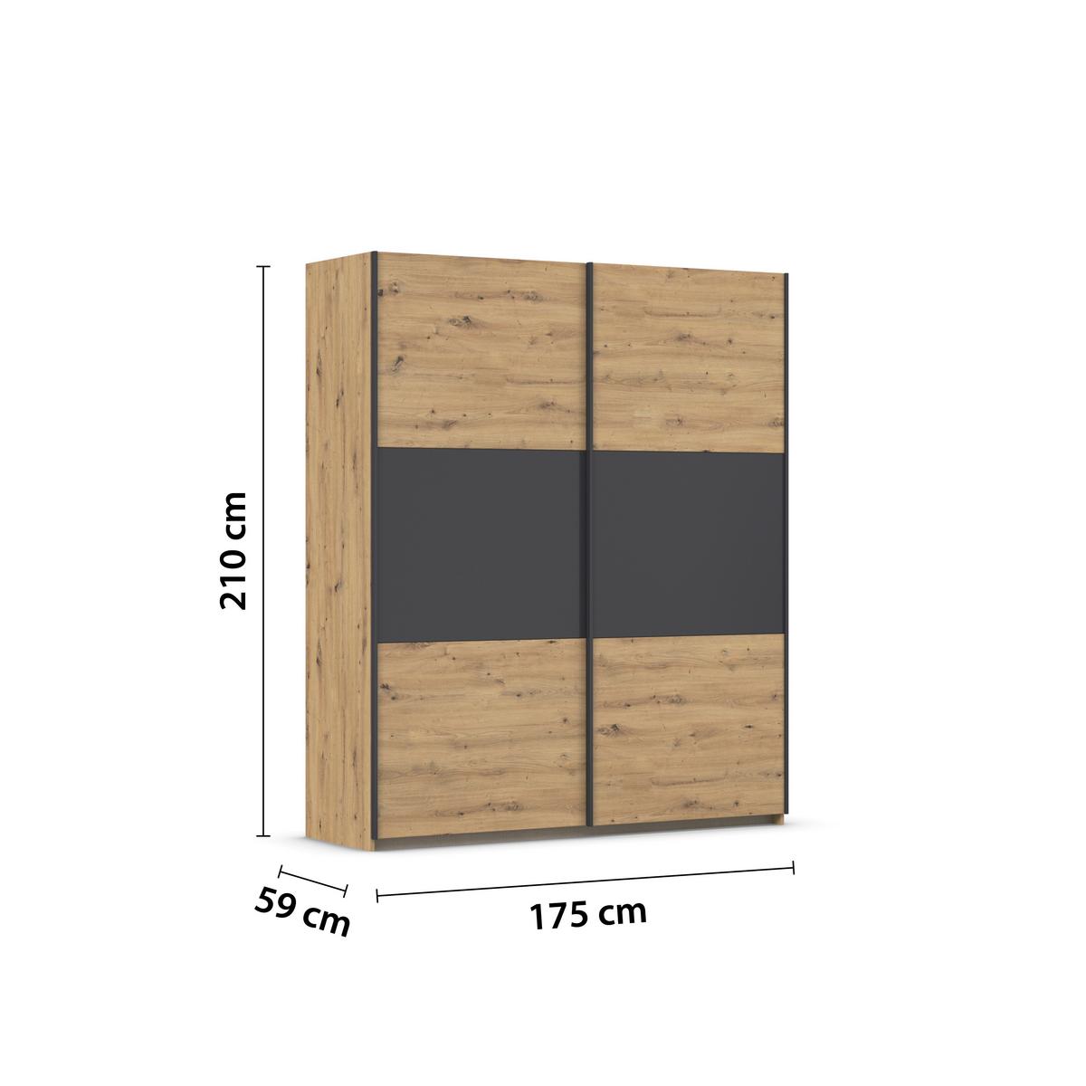 Schwebetürenschrank Neo Grau Eiche Artisan Dekor - Alufarben/Eiche Artisan, MODERN, Holzwerkstoff (175/210/59cm) - Rauch Möbel
