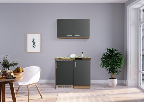 Miniküche mit Kühlschrank + Kochfeld 100 cm Grau/Eiche