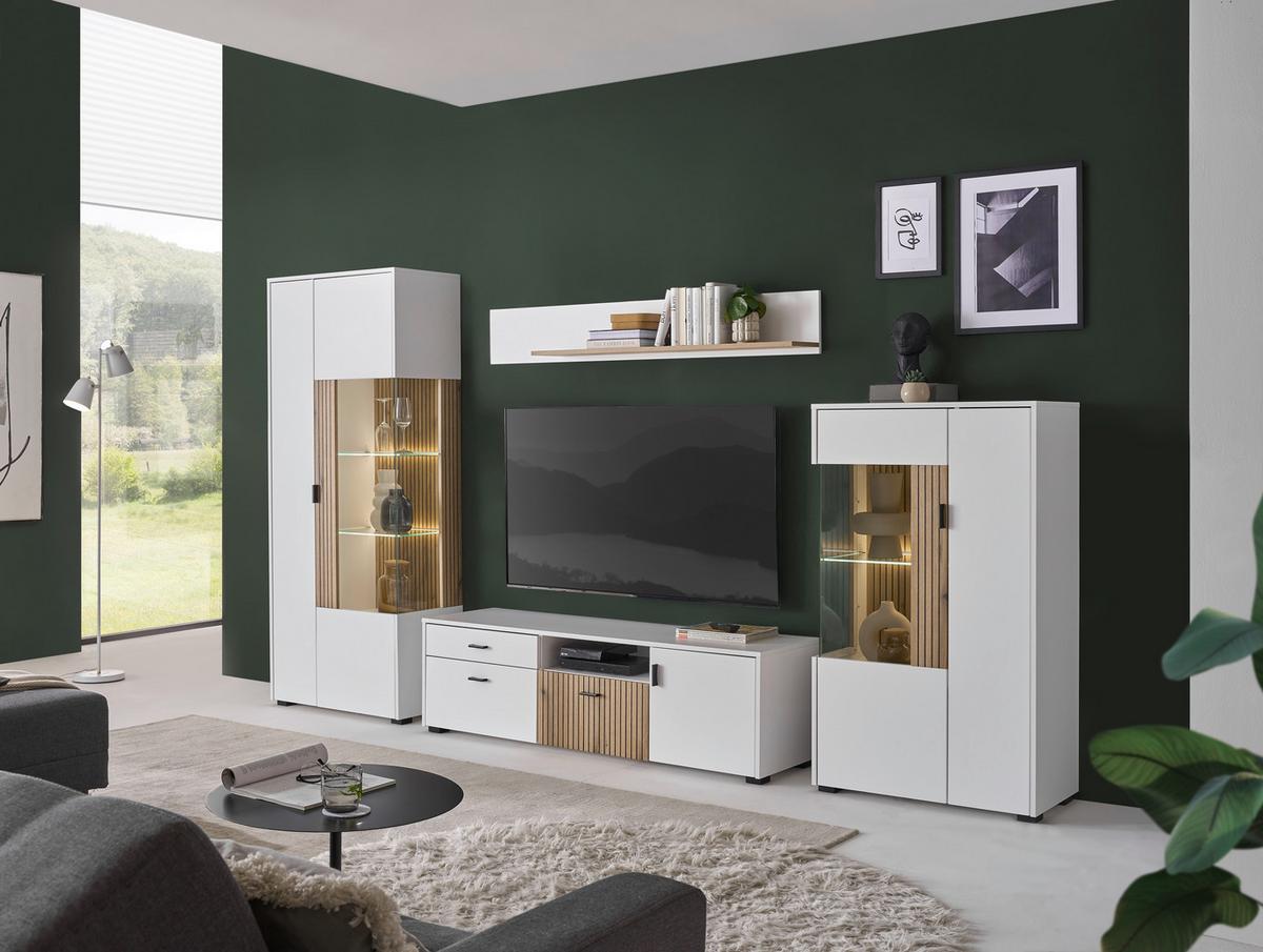 Vitrine Hudson Weiß/Eichefarben B: 75 cm - Eichefarben/Schwarz, Design, Glas/Holzwerkstoff (75/180/38cm) - MID.YOU