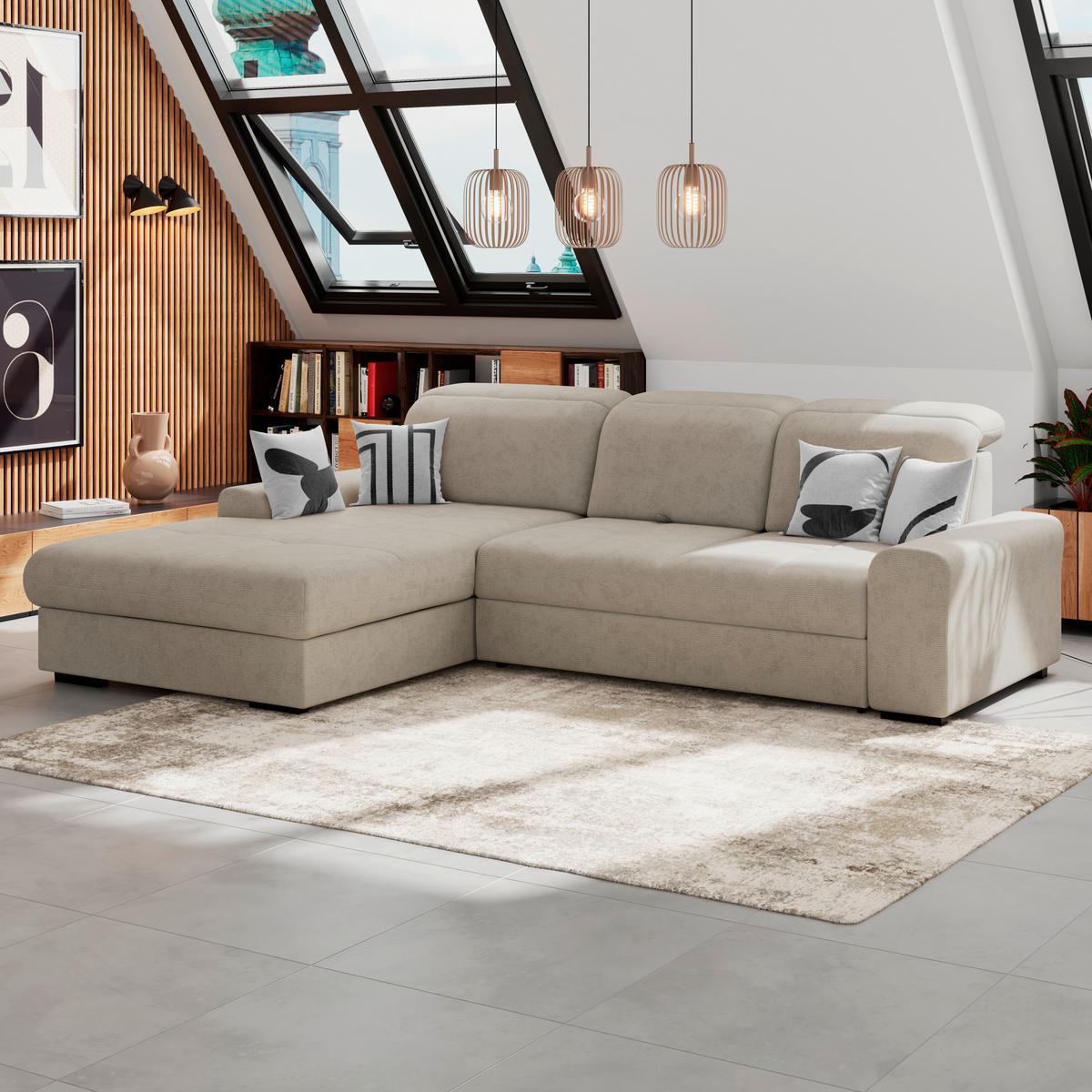 Ecksofa mit Bettfunktion Malaga new Chenille beige - Beige/Schwarz, KONVENTIONELL, Textil (203/286cm) - Ondega