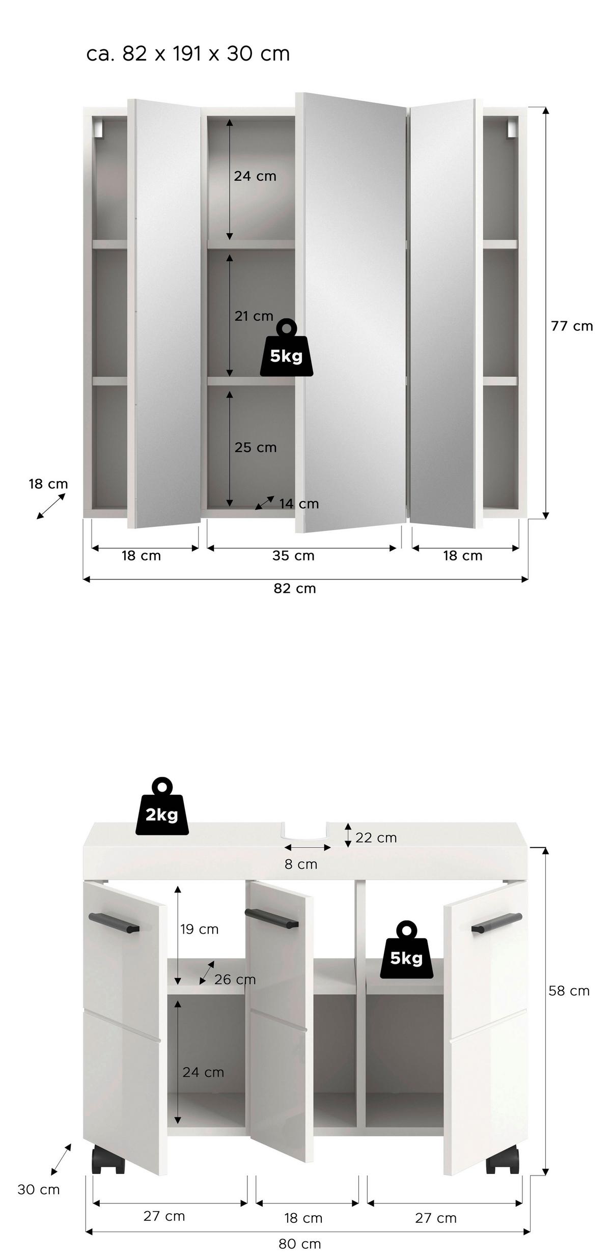 Badezimmer Nova Weiß B: 82cm - Weiß Hochglanz/Schwarz, Trend, Glas/Holzwerkstoff (82cm) - MID.YOU