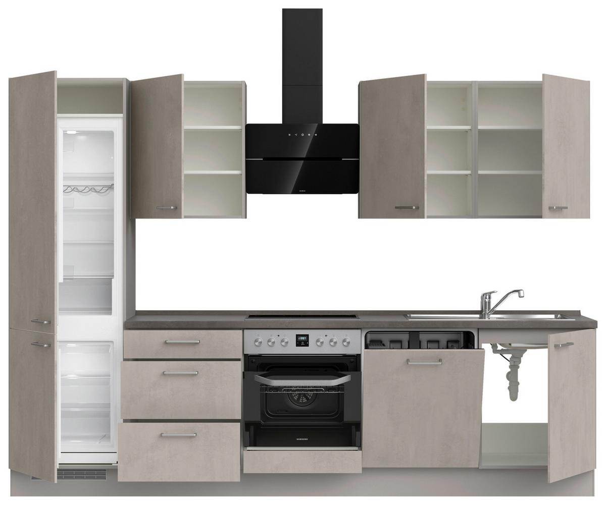 Kuchynská linka 300 cm, šedý betón/ kamenná šedá - sivá/farba ušľachtilej ocele, Modern, kov/kompozitné drevo (300cm) - Nobilia