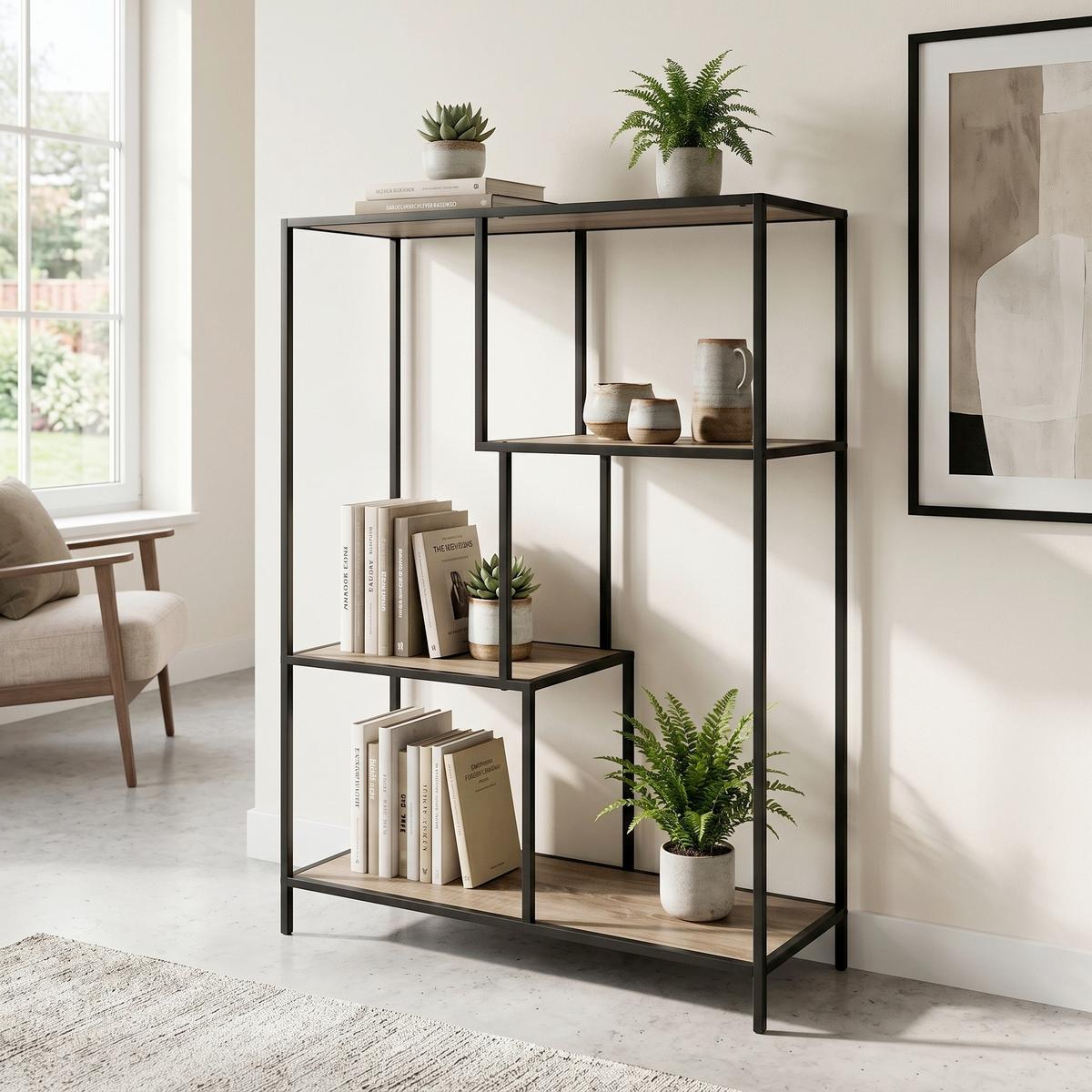 Regal aus Eisen Linz B: 77 cm Schwarz/Eiche Dekor