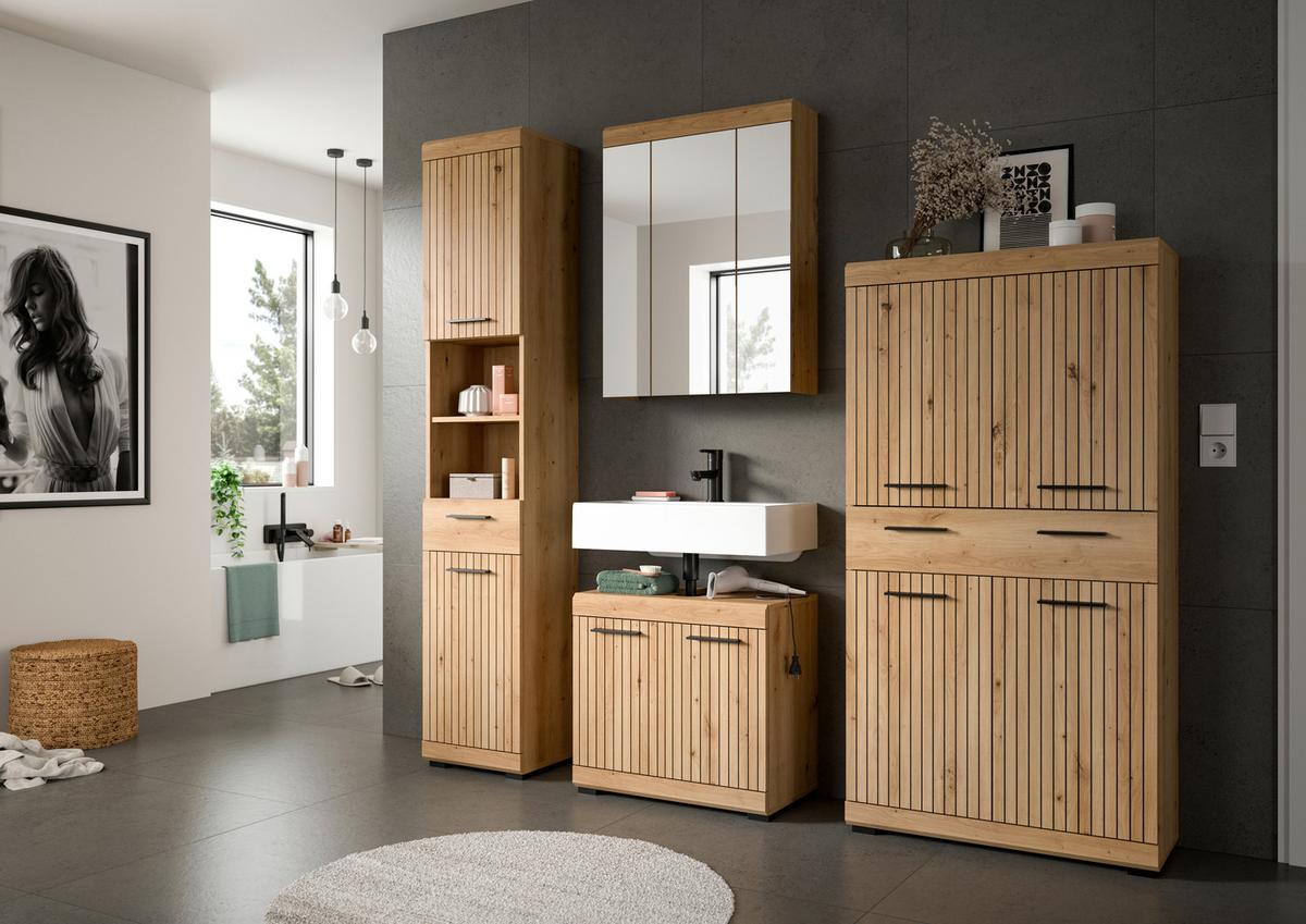 Midischrank Scout Eiche Artisan Dekor B: 74cm - Schwarz/Eiche Artisan, Trend, Holzwerkstoff (74/141/31cm) - MID.YOU