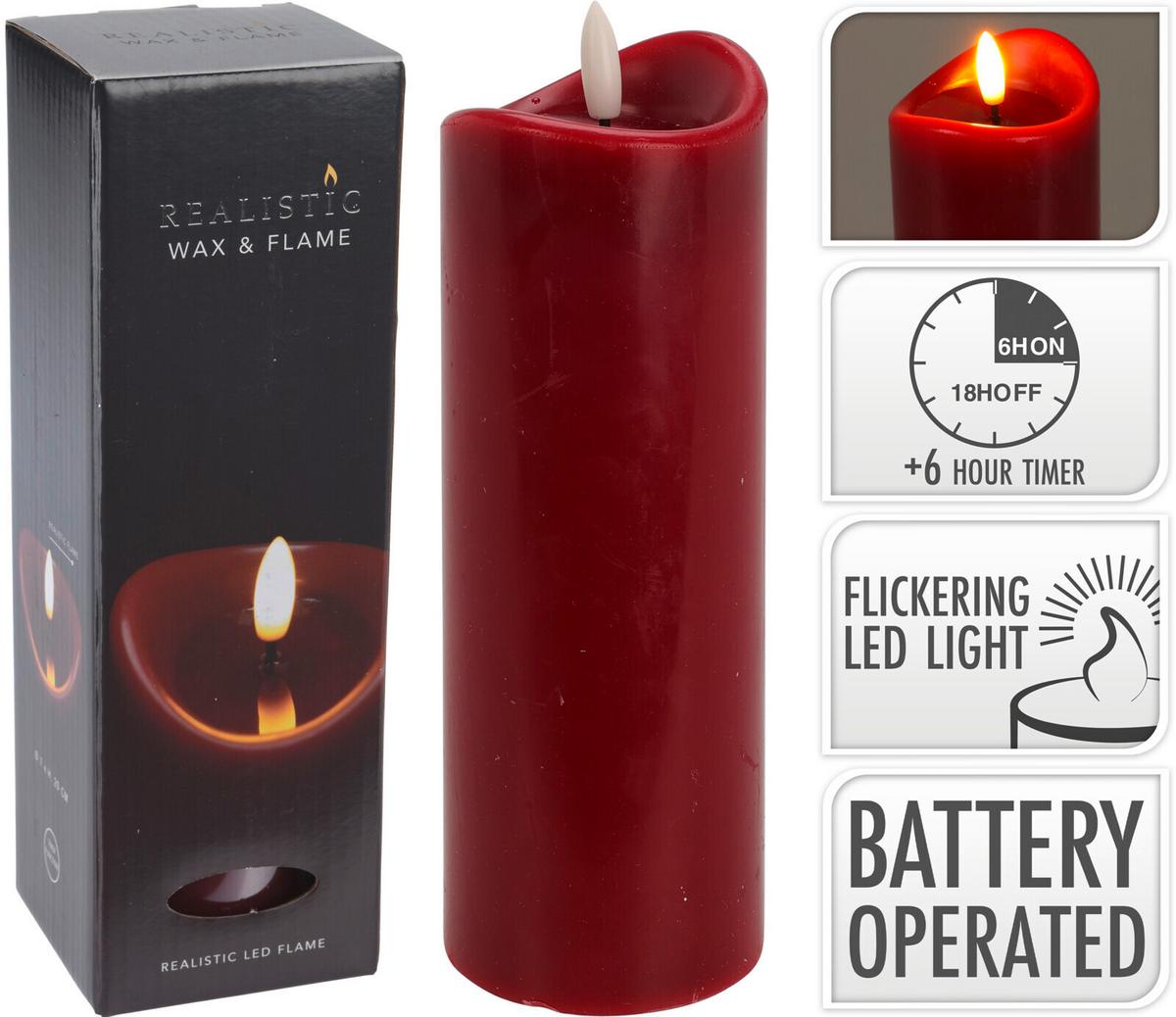 LED SVÍČKA SVEN -PAZ - tmavě červená, Konvenční, přírodní materiály (7/20cm)