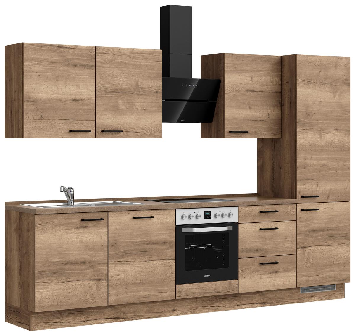 Kuchyňská linka 300 cm, dekor dub Havanna - černá/tmavý dub, Moderní, kov/kompozitní dřevo (300cm) - Nobilia