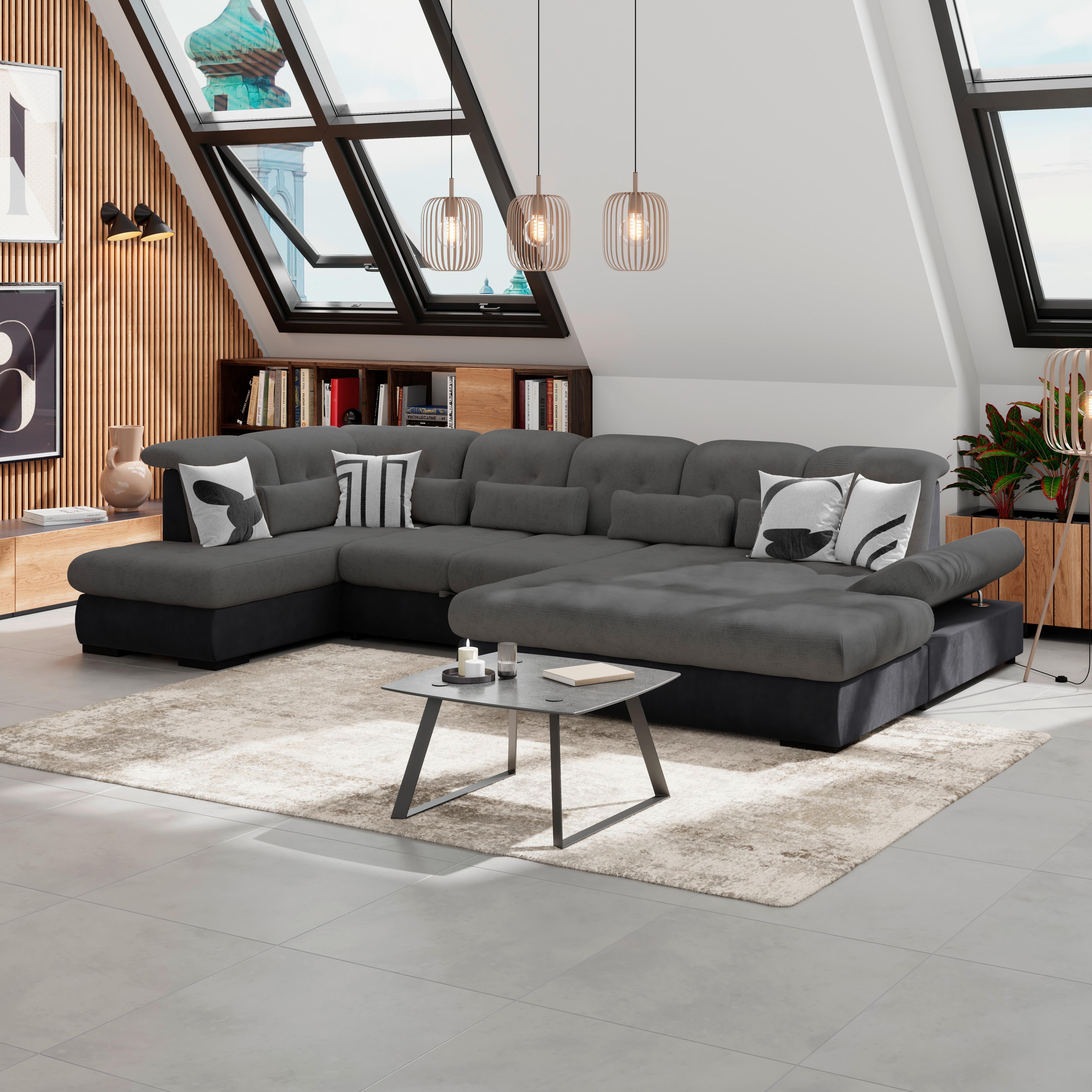 Wohnlandschaft Madera Mit Schlaffunktion Anthrazit - Anthrazit/Schwarz, KONVENTIONELL, Kunststoff/Textil (212/358/190cm)