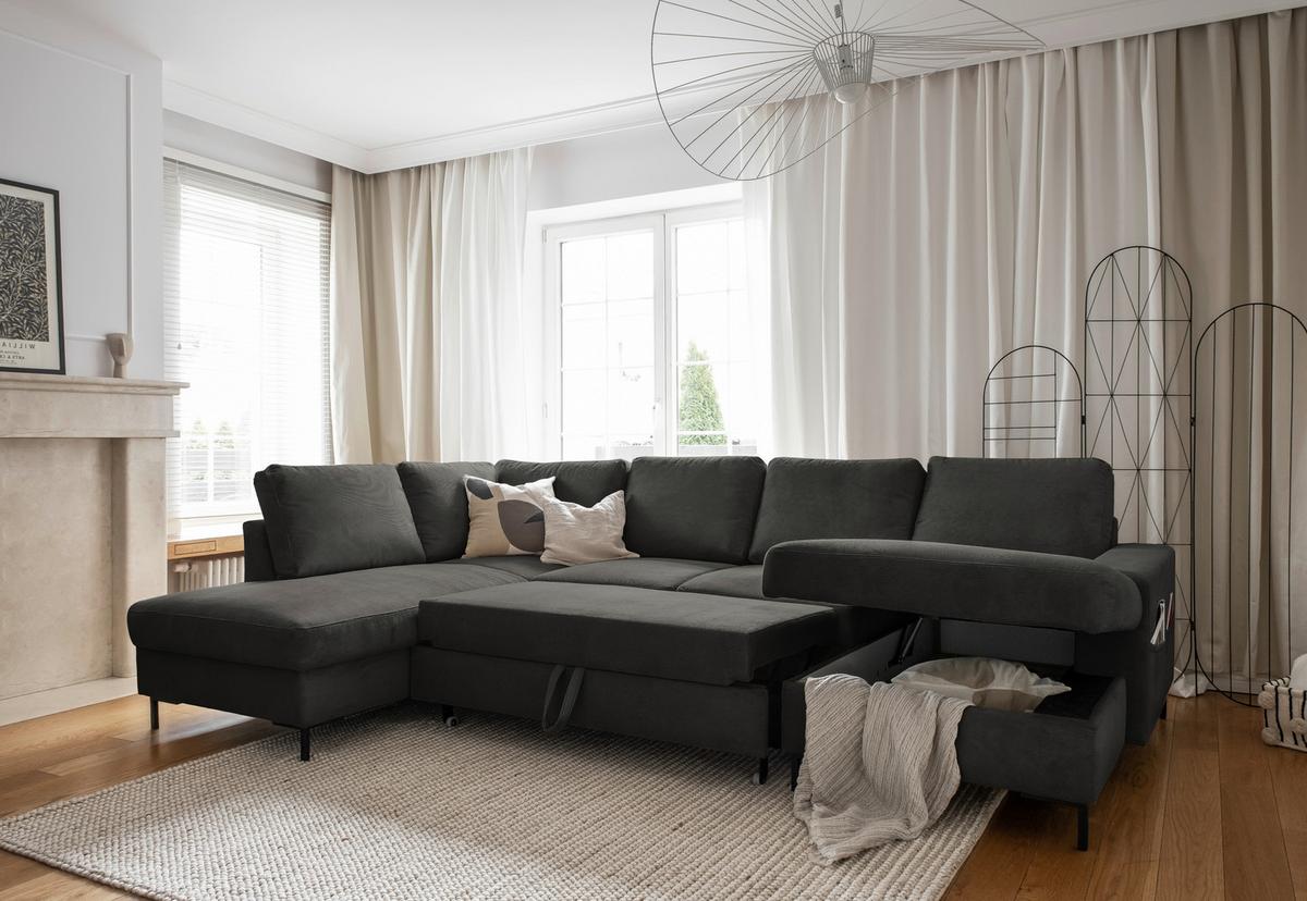 Sedačka LEONIE U, ľavá, sivý menčester - čierna/sivá, Design, kov/drevo (197/303/148cm)