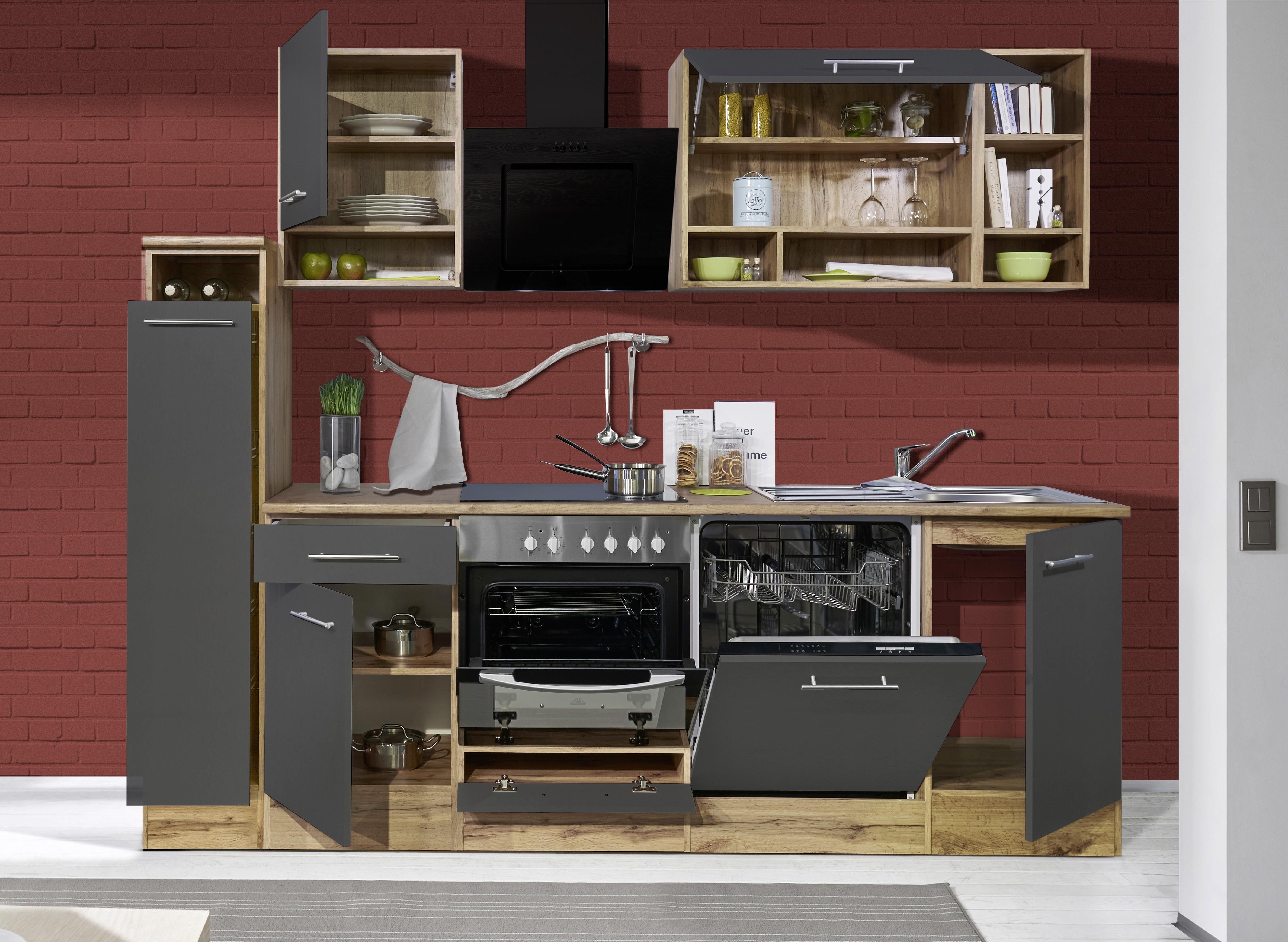Küchenzeile mit Geräten B: 250 cm Eiche Dekor/Grau - Eichefarben/Grau, Basics, Holzwerkstoff (250cm) - Respekta