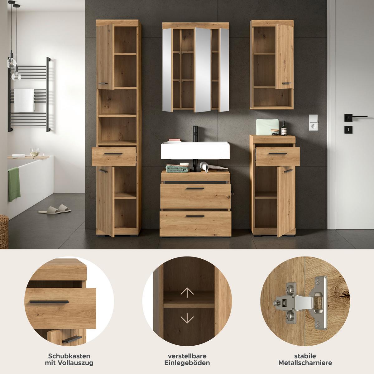 Badezimmer Scout Eiche Artisan Dekor B: 134cm - Schwarz/Eiche Artisan, Trend, Glas/Holzwerkstoff (134cm) - MID.YOU