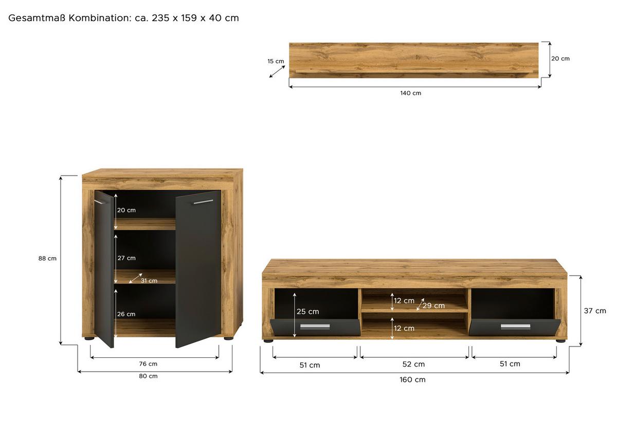 Wohnwand Jam Eiche Dekor Anthrazit 3-Teilig B: 255 Cm - Anthrazit/Eiche Wotan, Design, Holzwerkstoff (255/159/35cm) - MID.YOU