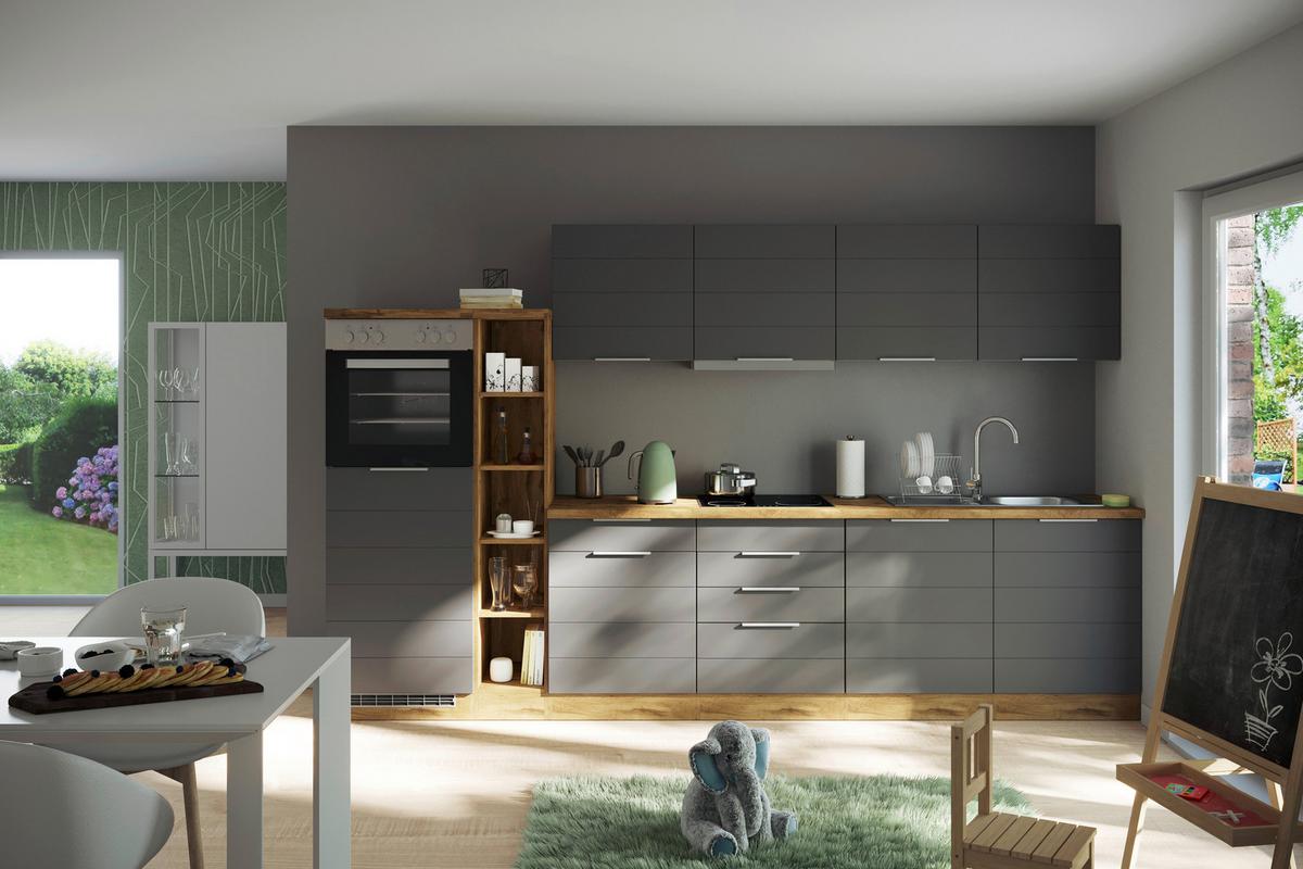 Küchenzeile Florenz ohne Geräte 330 cm Grau/Eichef. - Eiche Wotan/Grau, Design, Holzwerkstoff (330cm) - Held