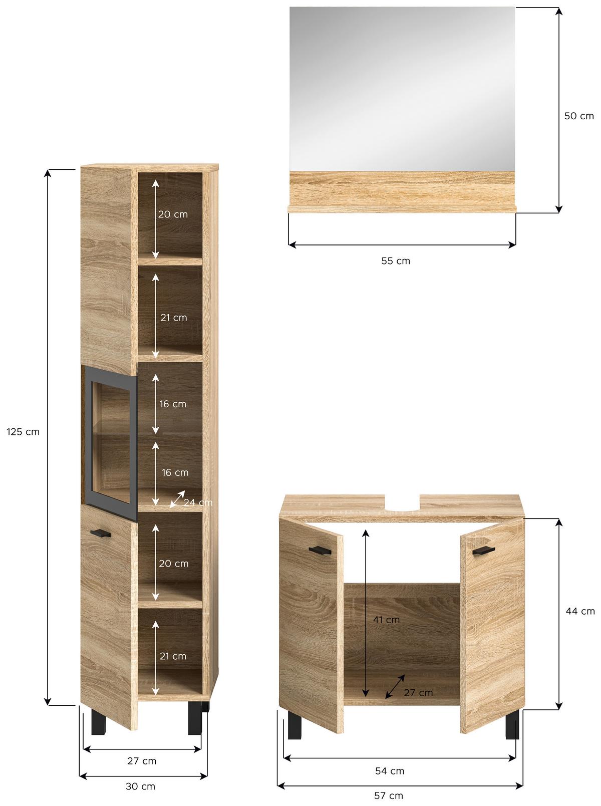 Badezimmer Boston Sonoma Eiche Dekor - Schwarz/Sonoma Eiche, MODERN, Glas/Holzwerkstoff (87cm) - MID.YOU