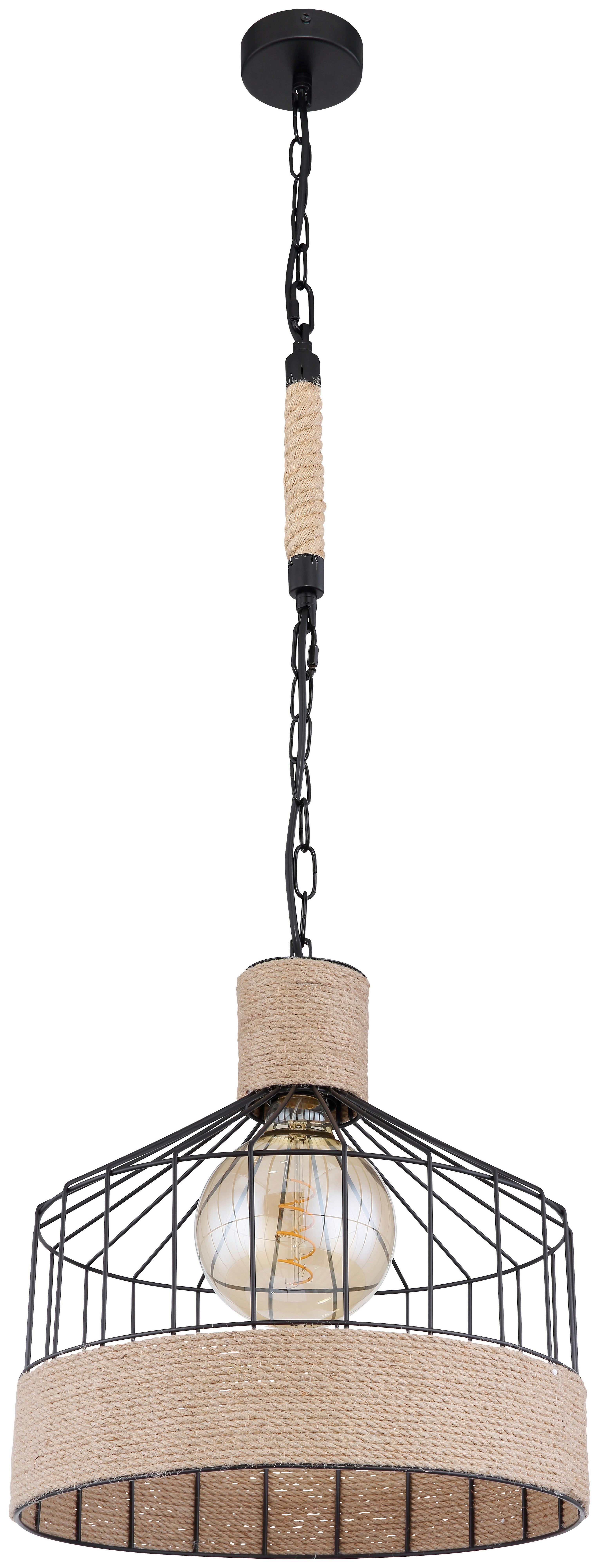 Hängeleuchte Halia H: 135 Cm 1-Flammig, Mit Hanfseil - Schwarz/Braun, Basics, Naturmaterialien/Metall (35/135cm) - Globo