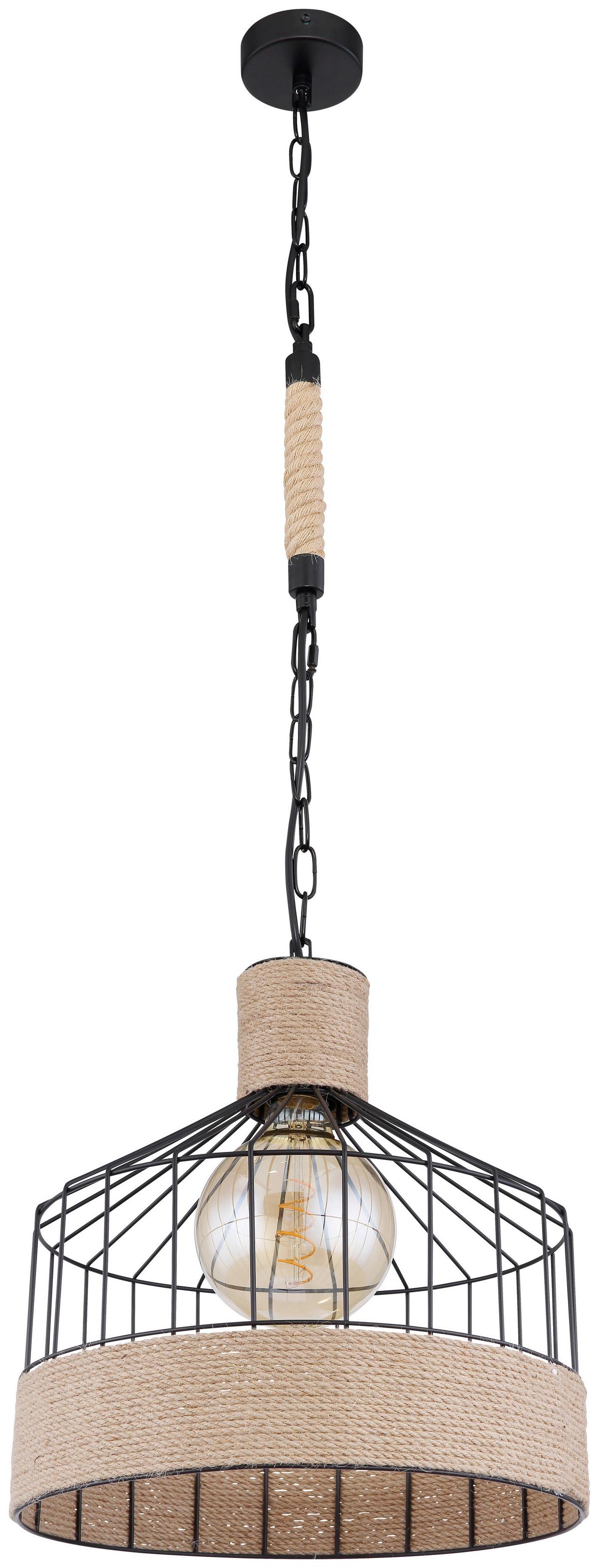 Hängeleuchte Halia H: 135 Cm 1-Flammig, Mit Hanfseil - Schwarz/Braun, Basics, Naturmaterialien/Metall (35/135cm) - Globo