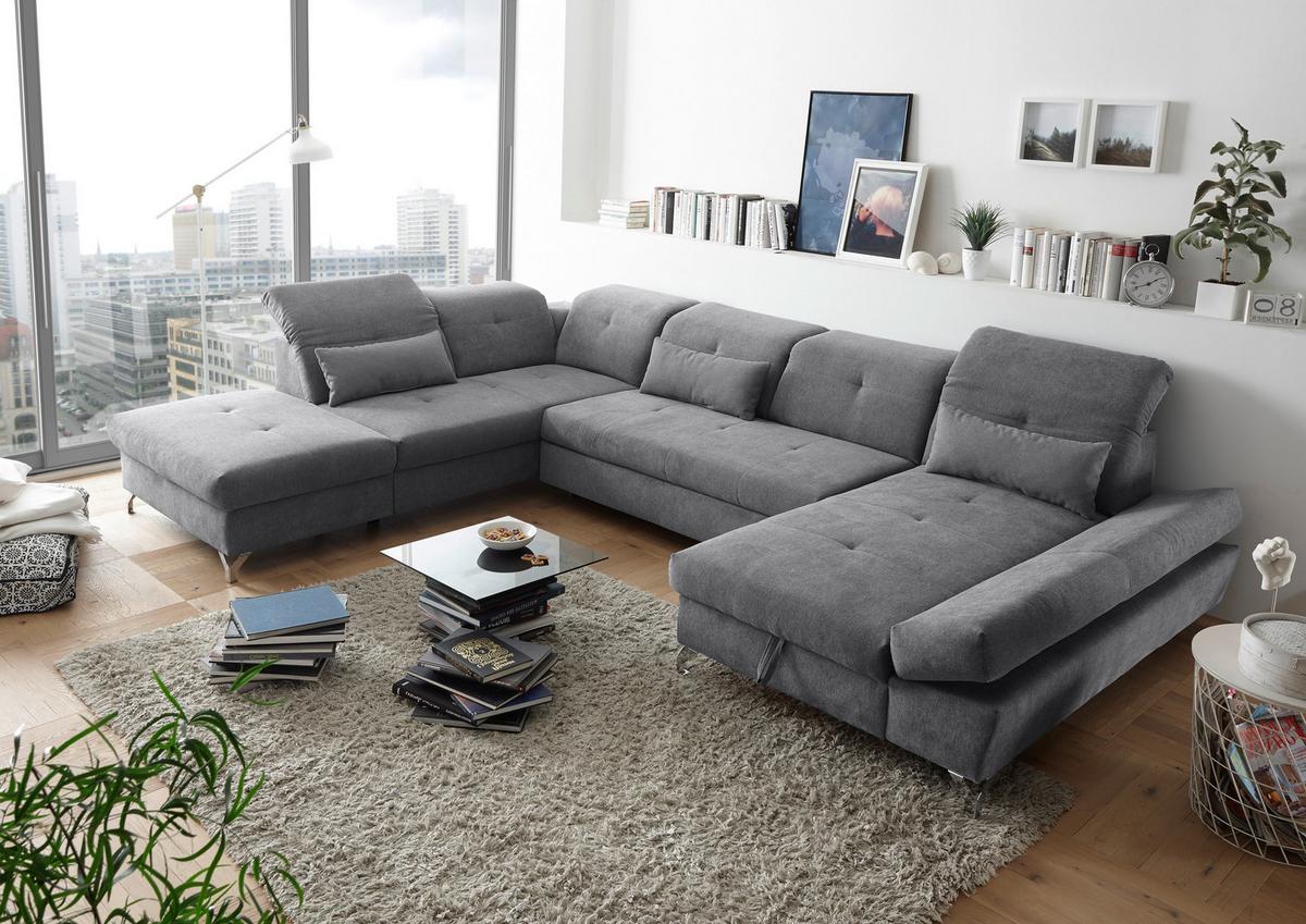 Ecksofa Melfi Dunkelgrau U: 245 Cm - Dunkelgrau/Silberfarben, MODERN, Textil (245/350/168cm) - MID.YOU