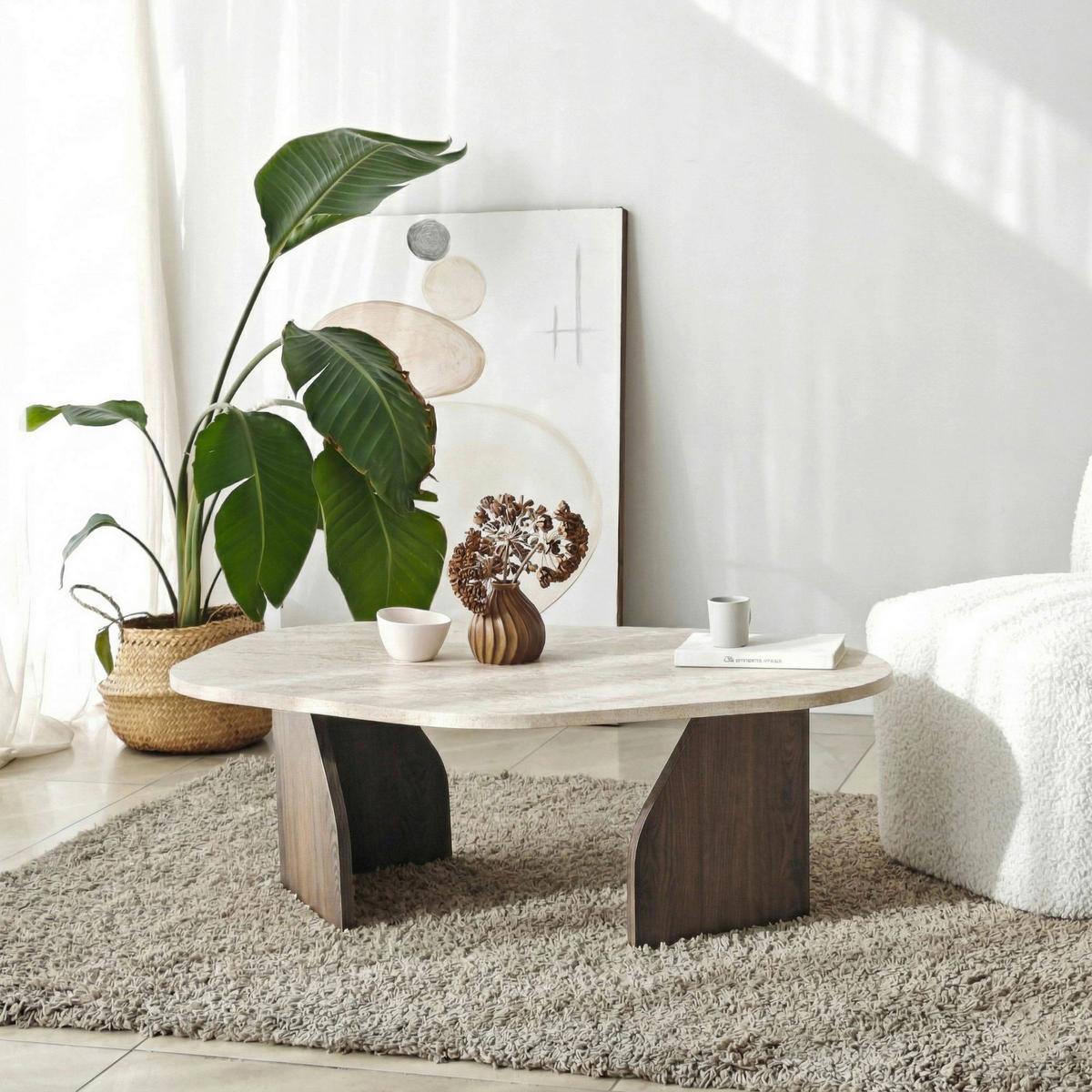 COUCHTISCH Travertin/Walnuss B: 100cm - Beige/Walnussfarben, MODERN, Holzwerkstoff (100/35/60cm)