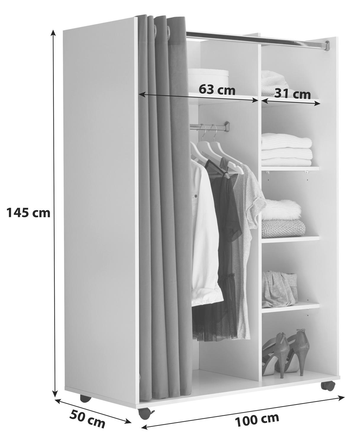 Offener Kleiderschrank Jenke Weiß/grau - Weiß/Grau, Basics, Holzwerkstoff/Textil (100/145/50cm) - MID.YOU