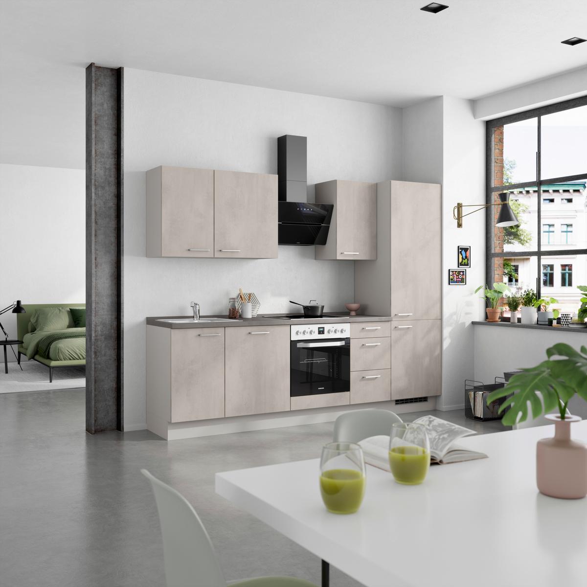 Kuchynská linka 270 cm, šedý betón/ kamenná šedá - sivá/farba ušľachtilej ocele, Modern, kov/kompozitné drevo (270cm) - Nobilia