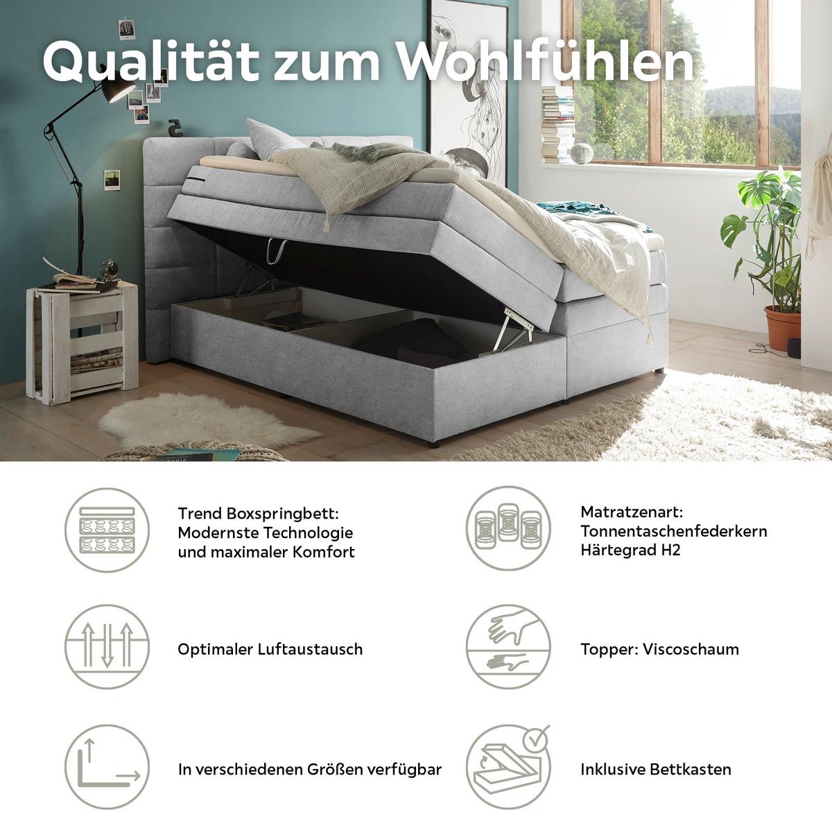 Boxspringbett Mit Topper & Bettkasten 180x200 Tacoma 3 - Silberfarben, KONVENTIONELL, Kunststoff/Textil (180/200cm) - MID.YOU