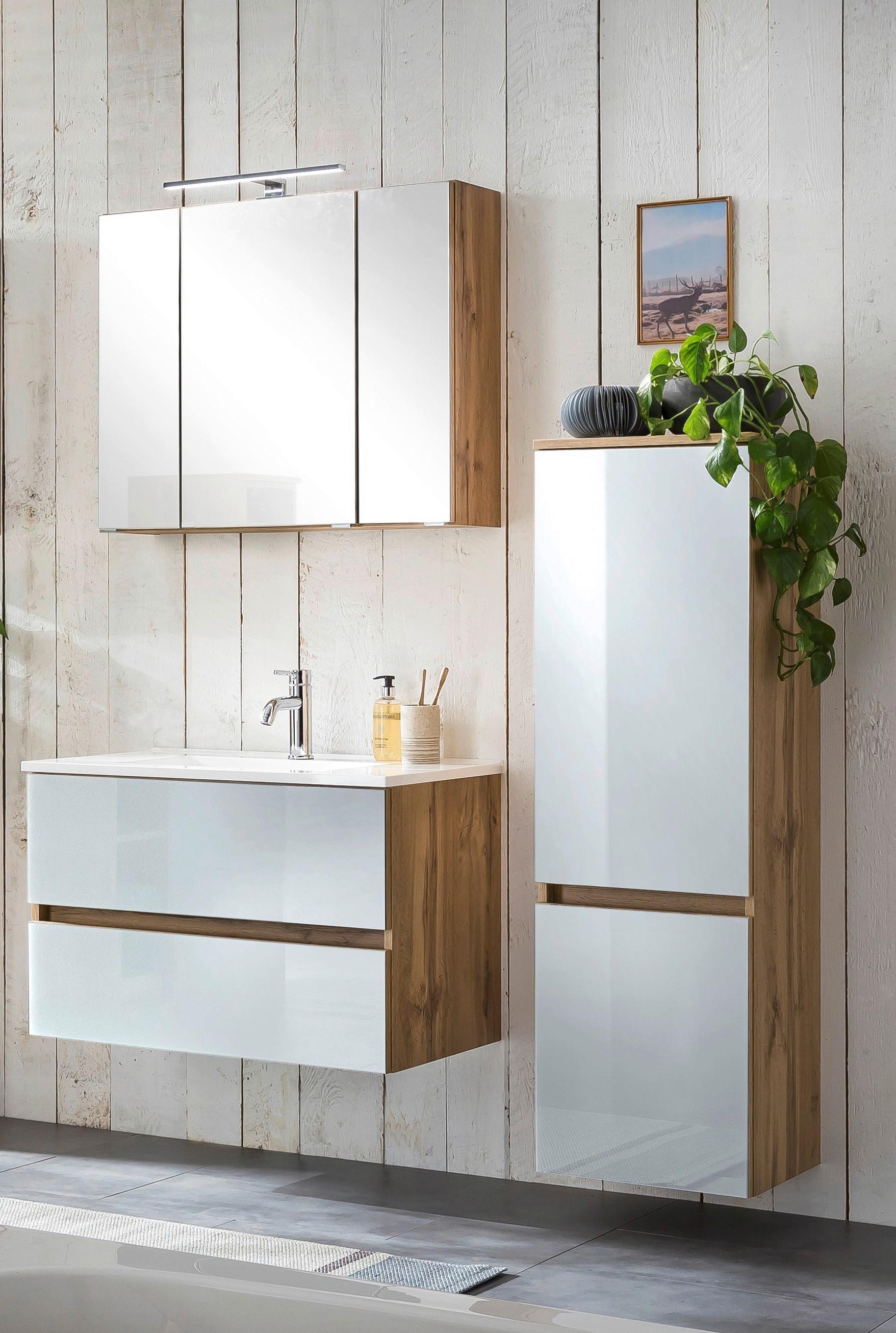 Badmöbel-Set 4-Tlg. inkl. LED Helsinki, Weiß/Eiche - Eichefarben/Weiß, KONVENTIONELL, Glas/Holzwerkstoff (120cm) - Held